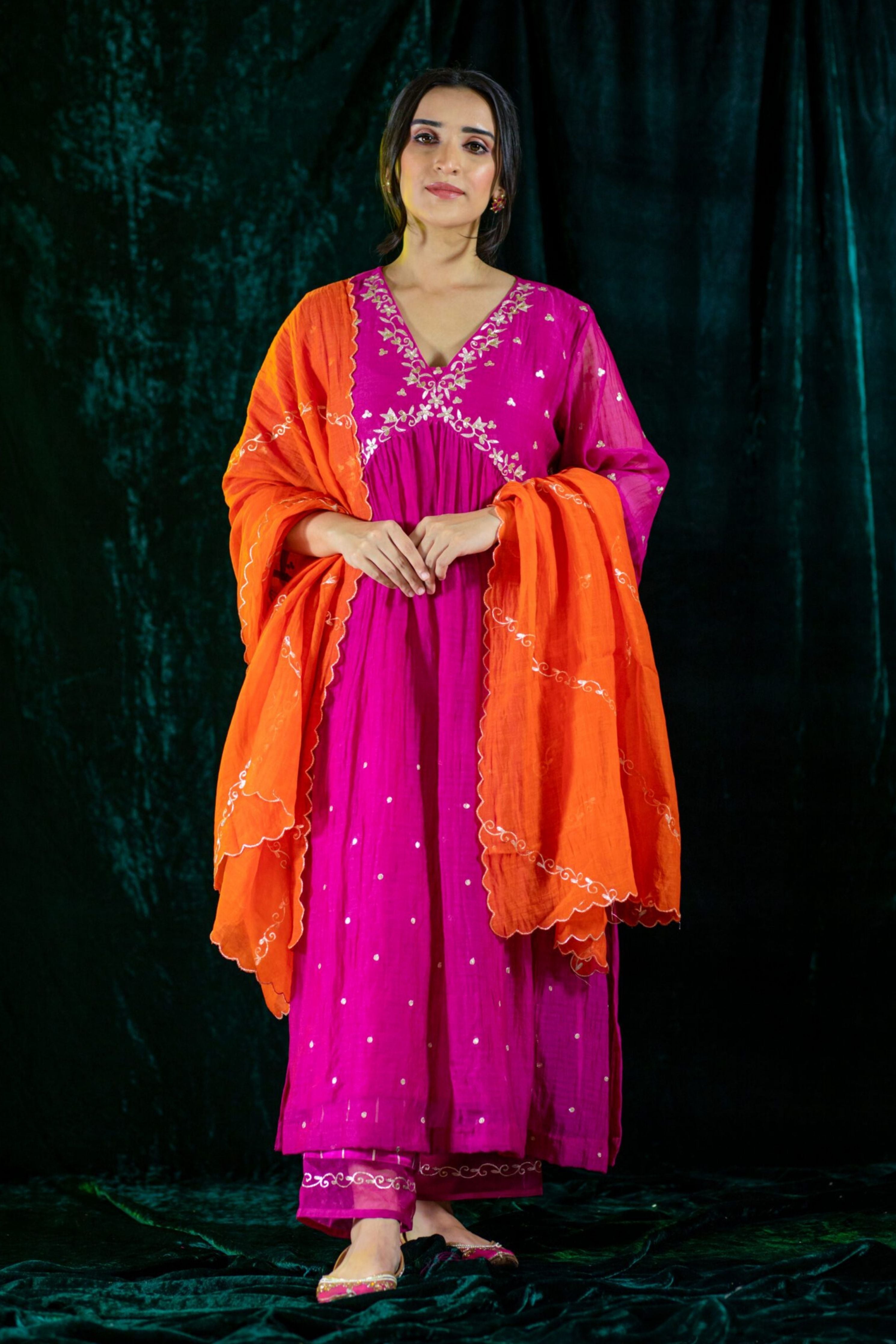 Fuchsia V-Neck Kurta Suit set