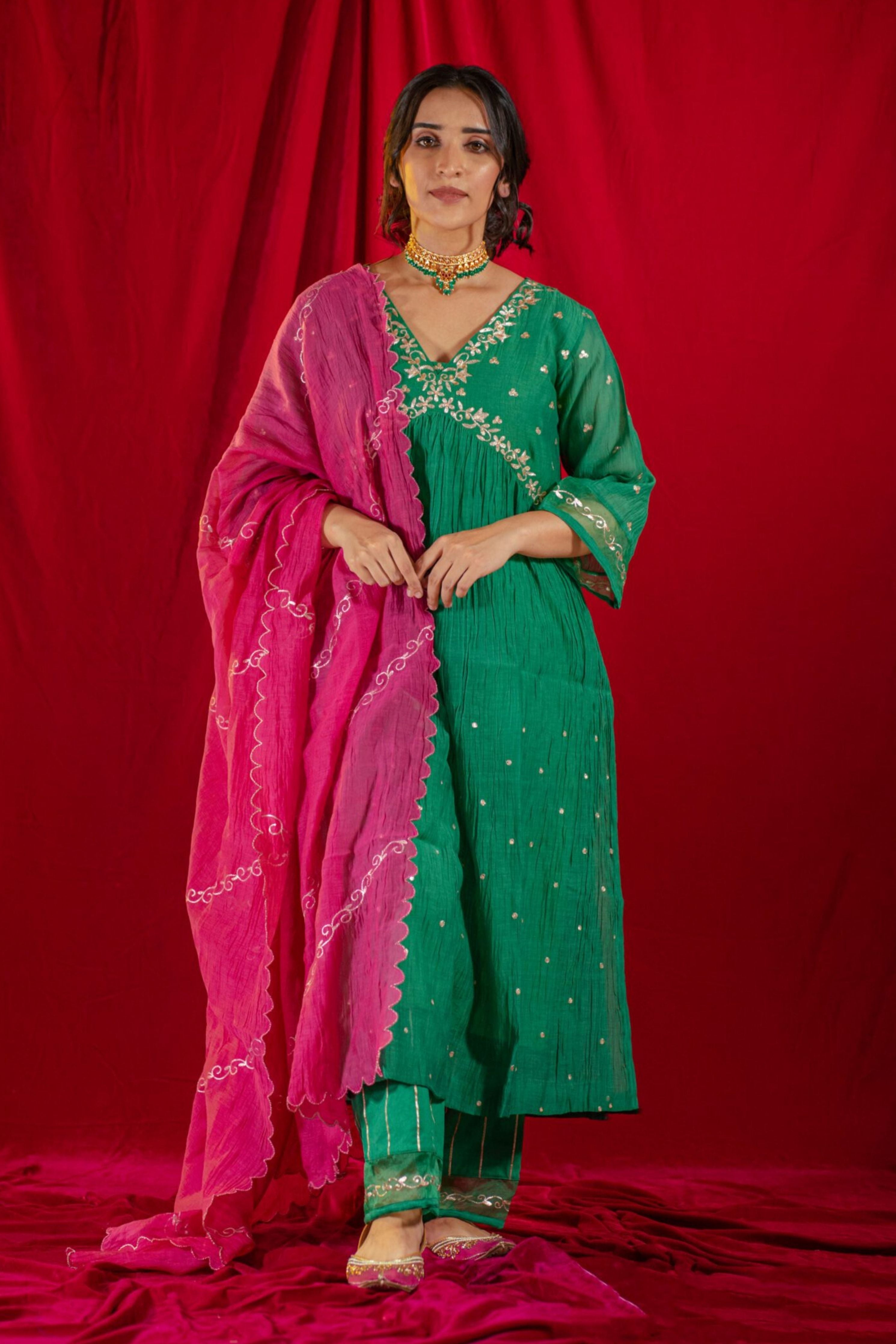 Green V-Neck Kurta Suit set