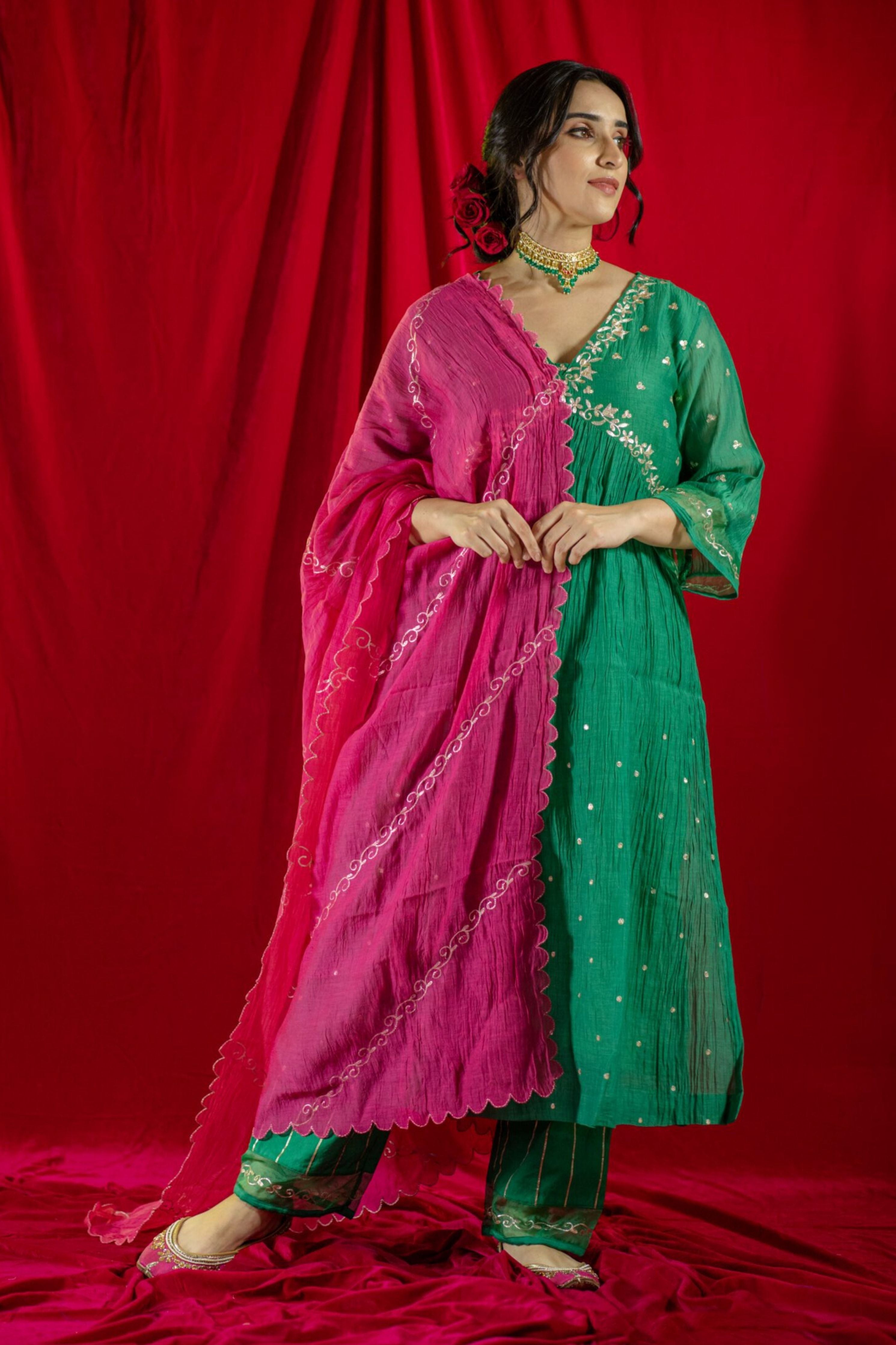 Green V-Neck Kurta Suit set