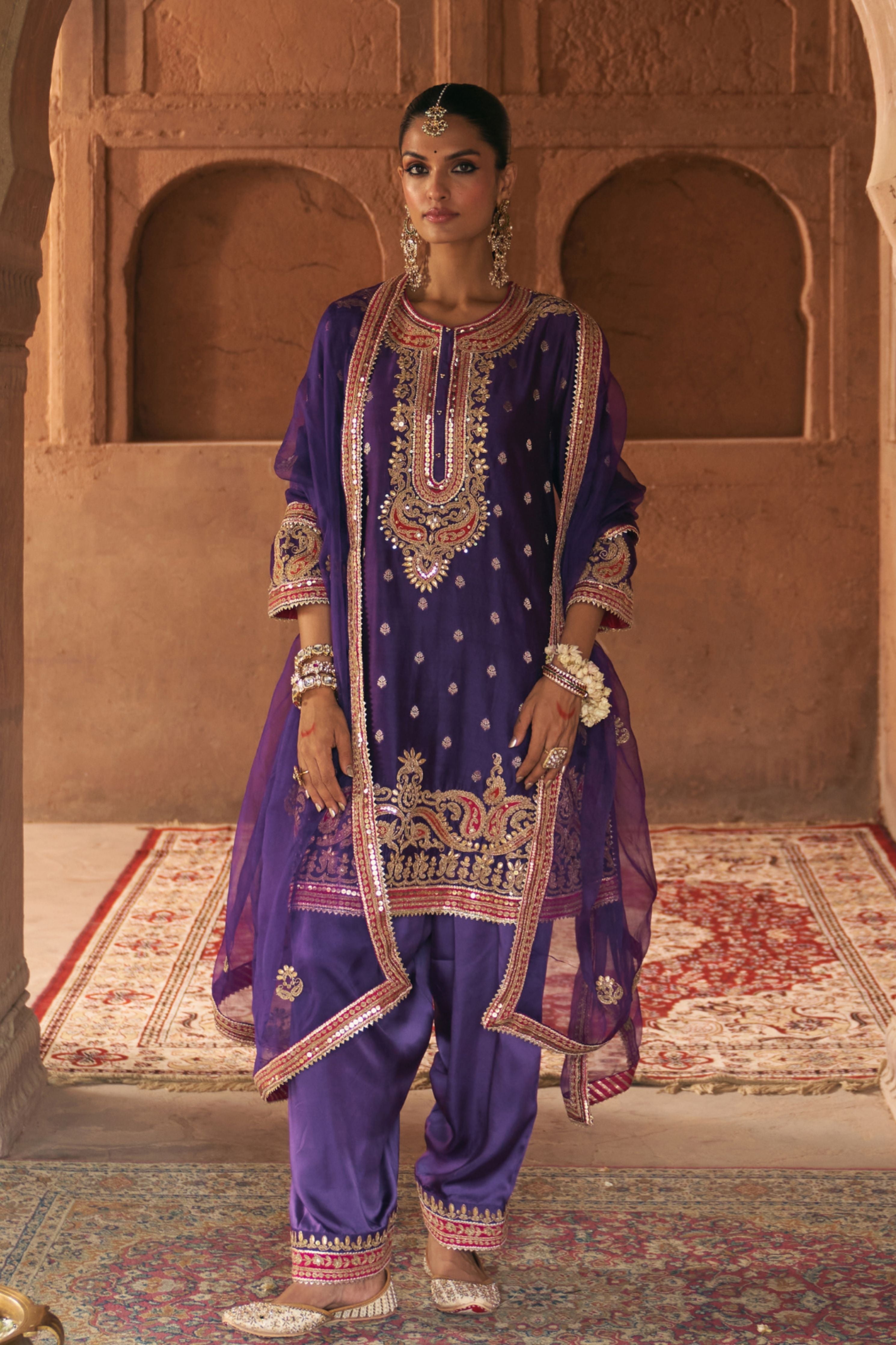Farhana Deep Purple Short Kurta With Salwar And Dupatta