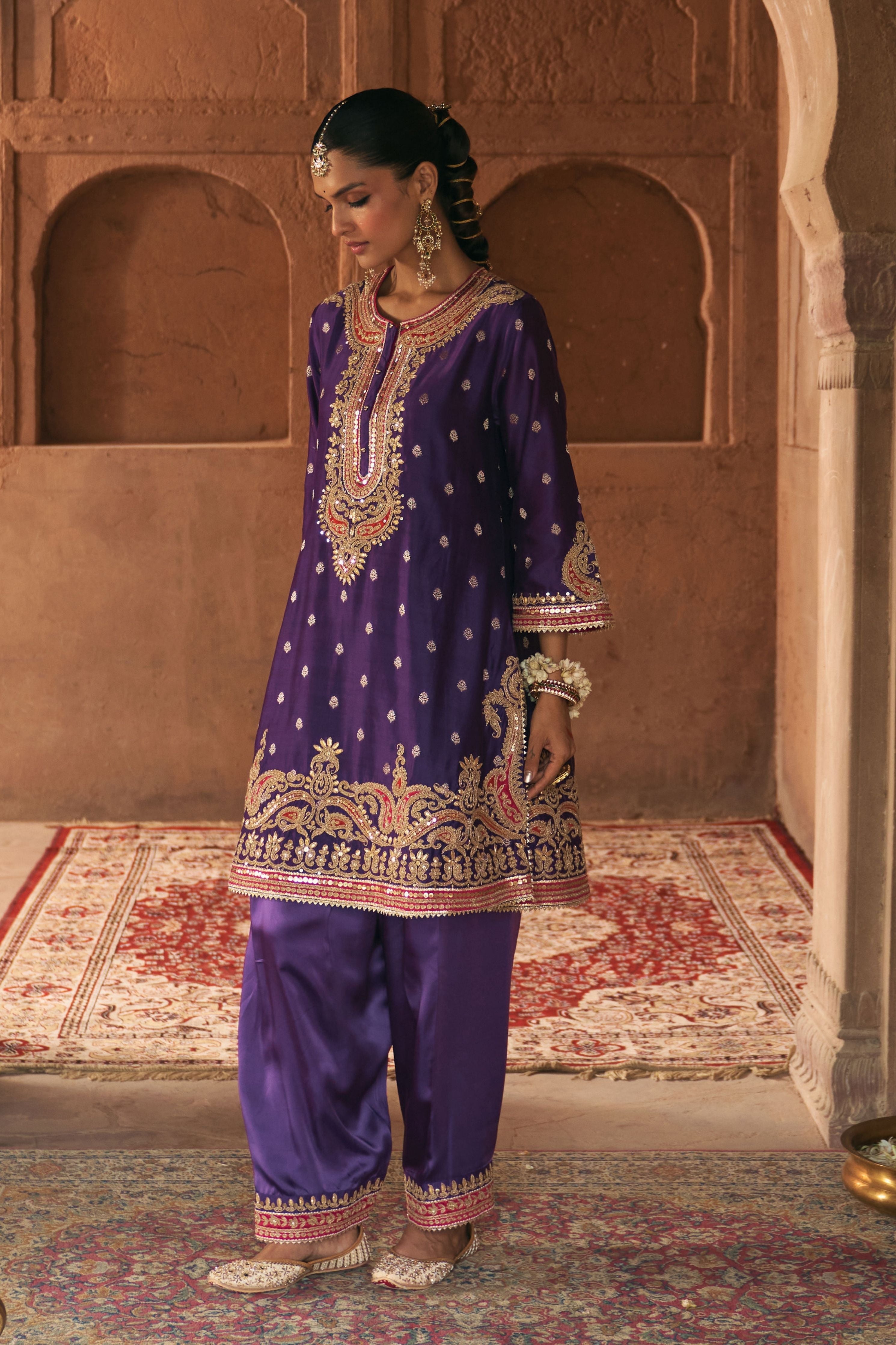 Farhana Deep Purple Short Kurta With Salwar And Dupatta