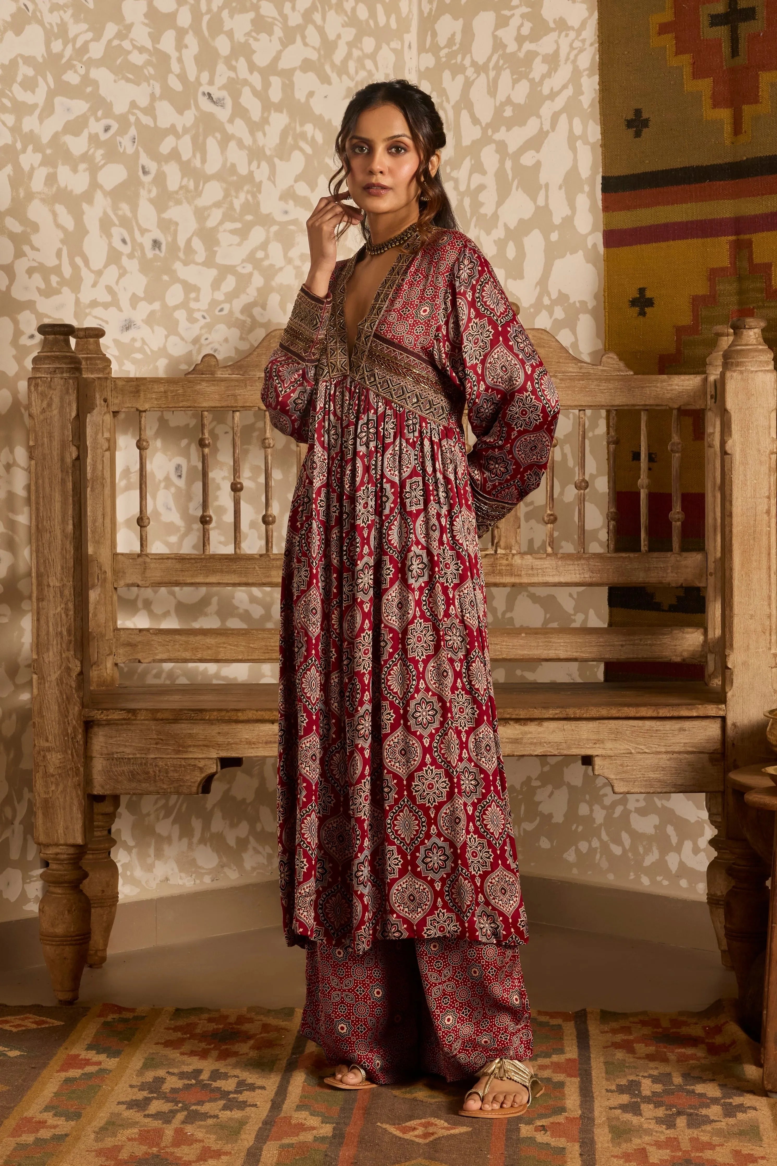 Ajrak V-Neck Kurta Set