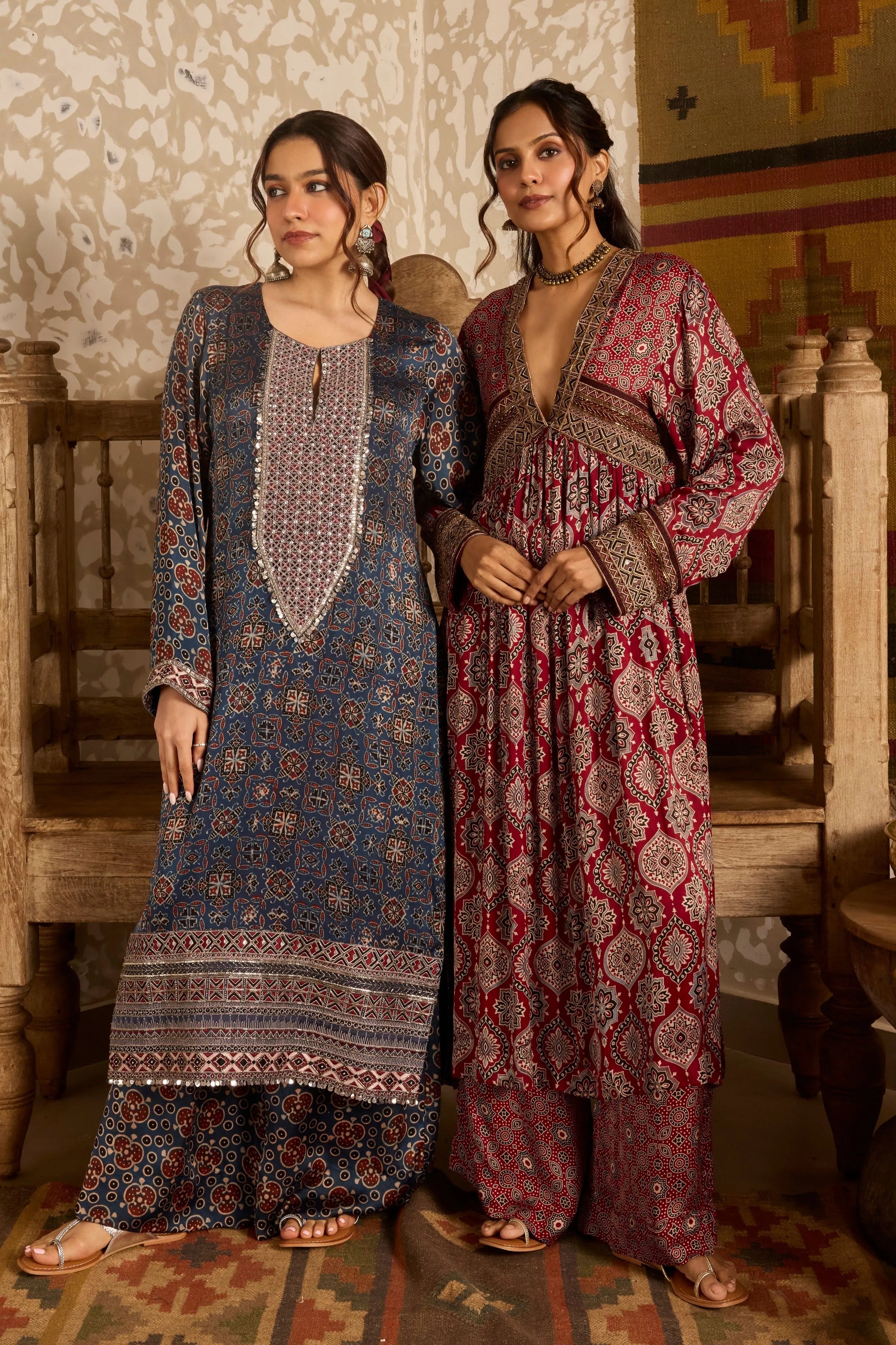 Ajrak V-Neck Kurta Set
