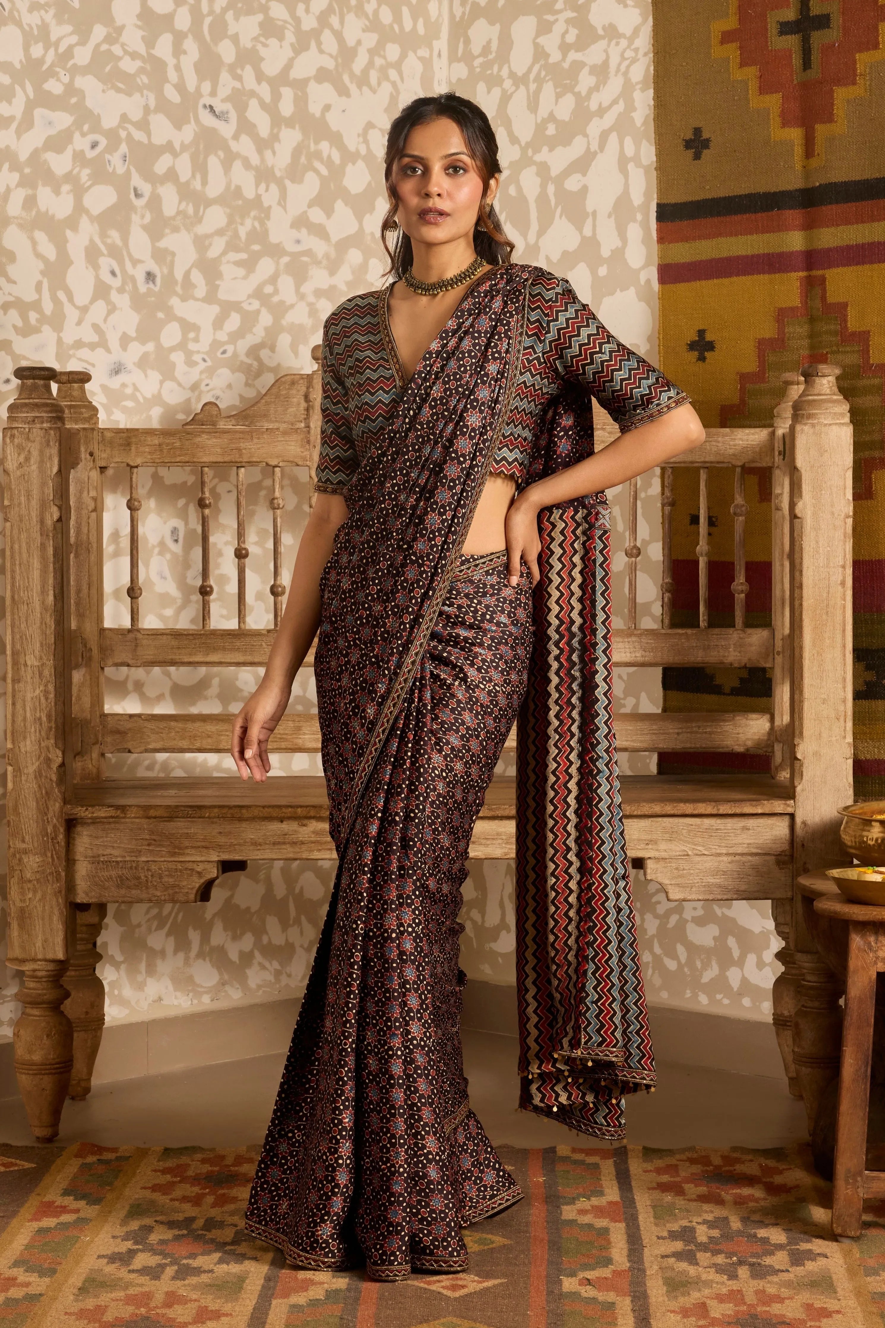 Deep neck Blouse with Saree