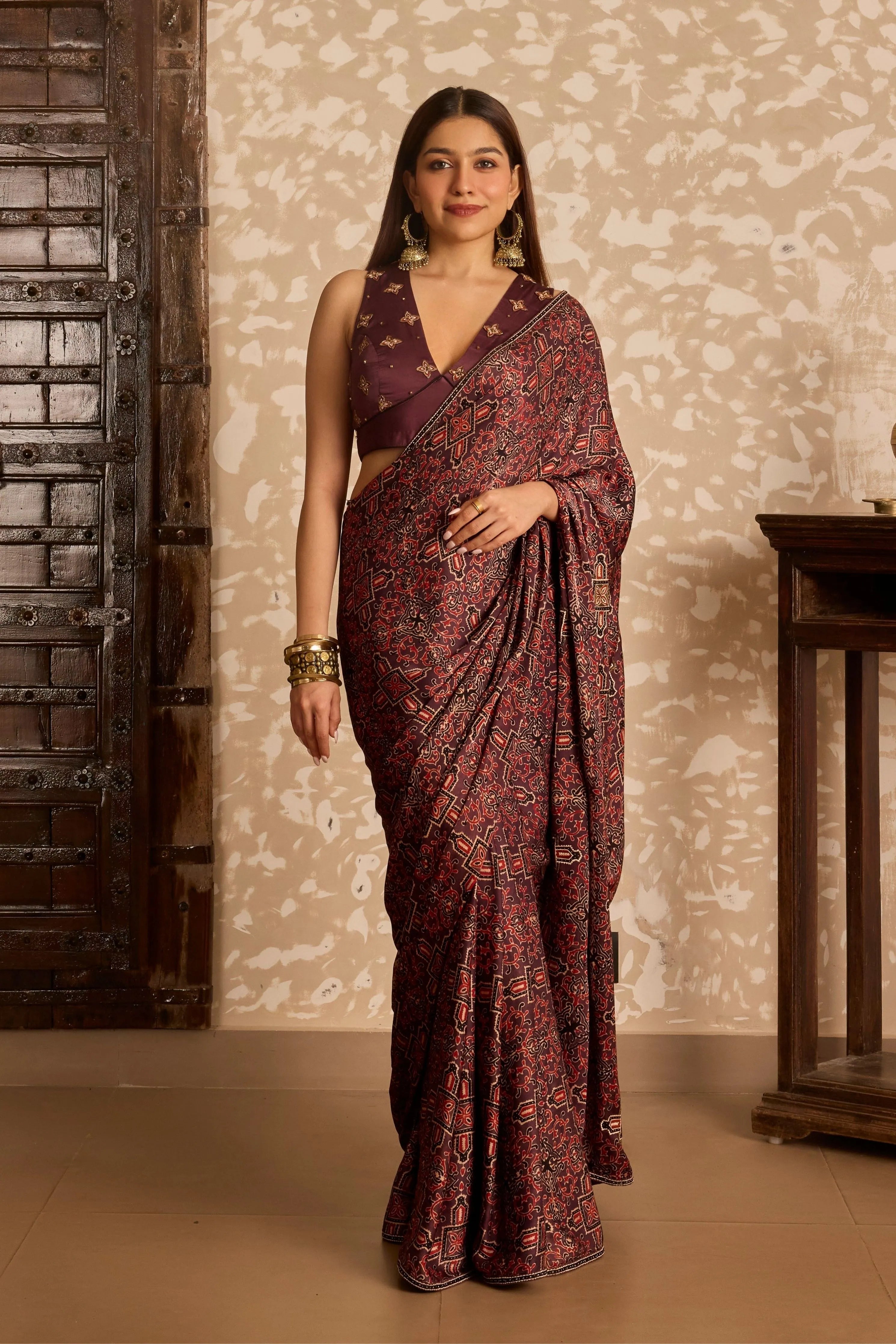 V neck tie up blosue with saree