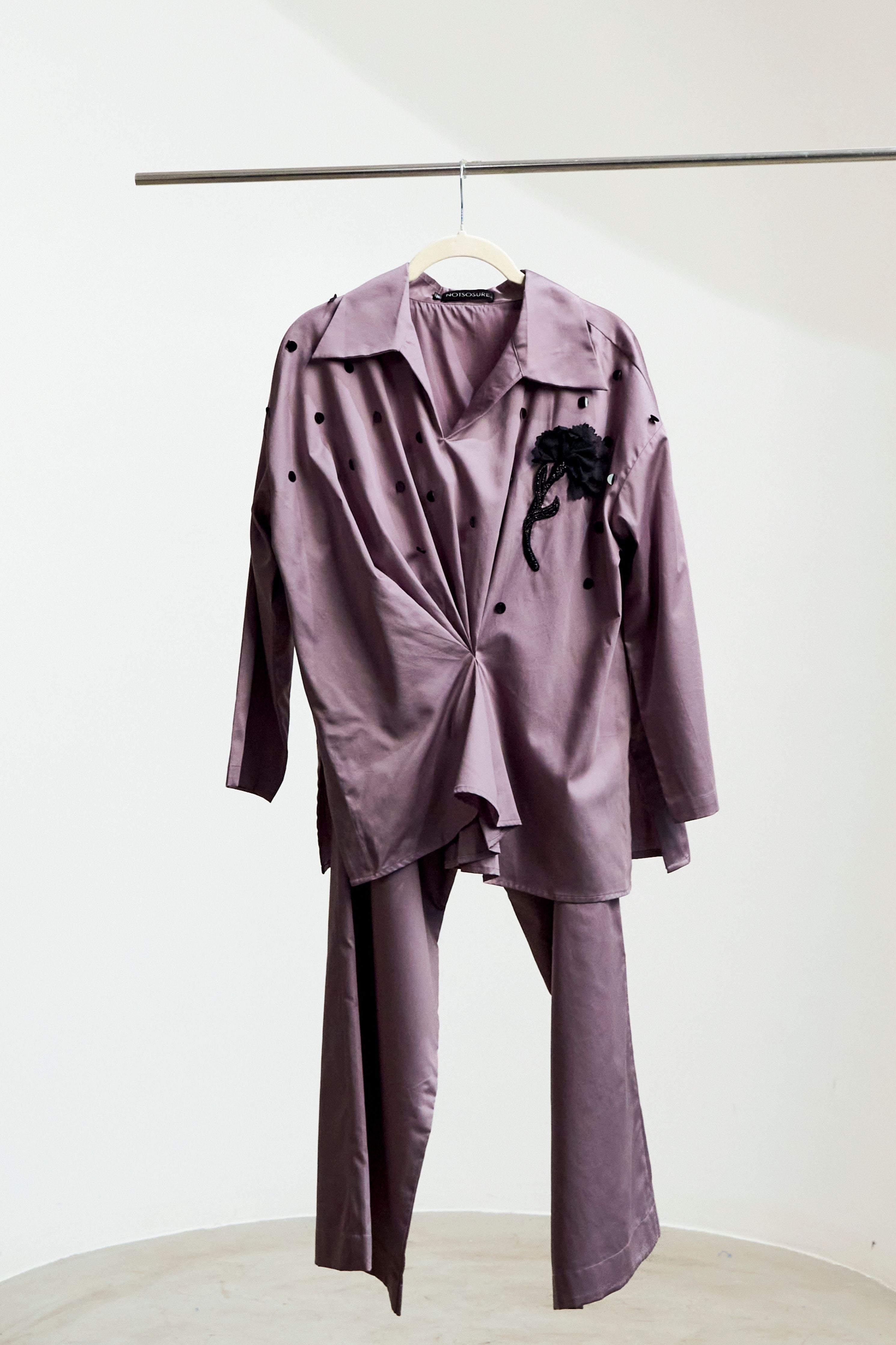 Grey Flower Brooch Shirt Coord