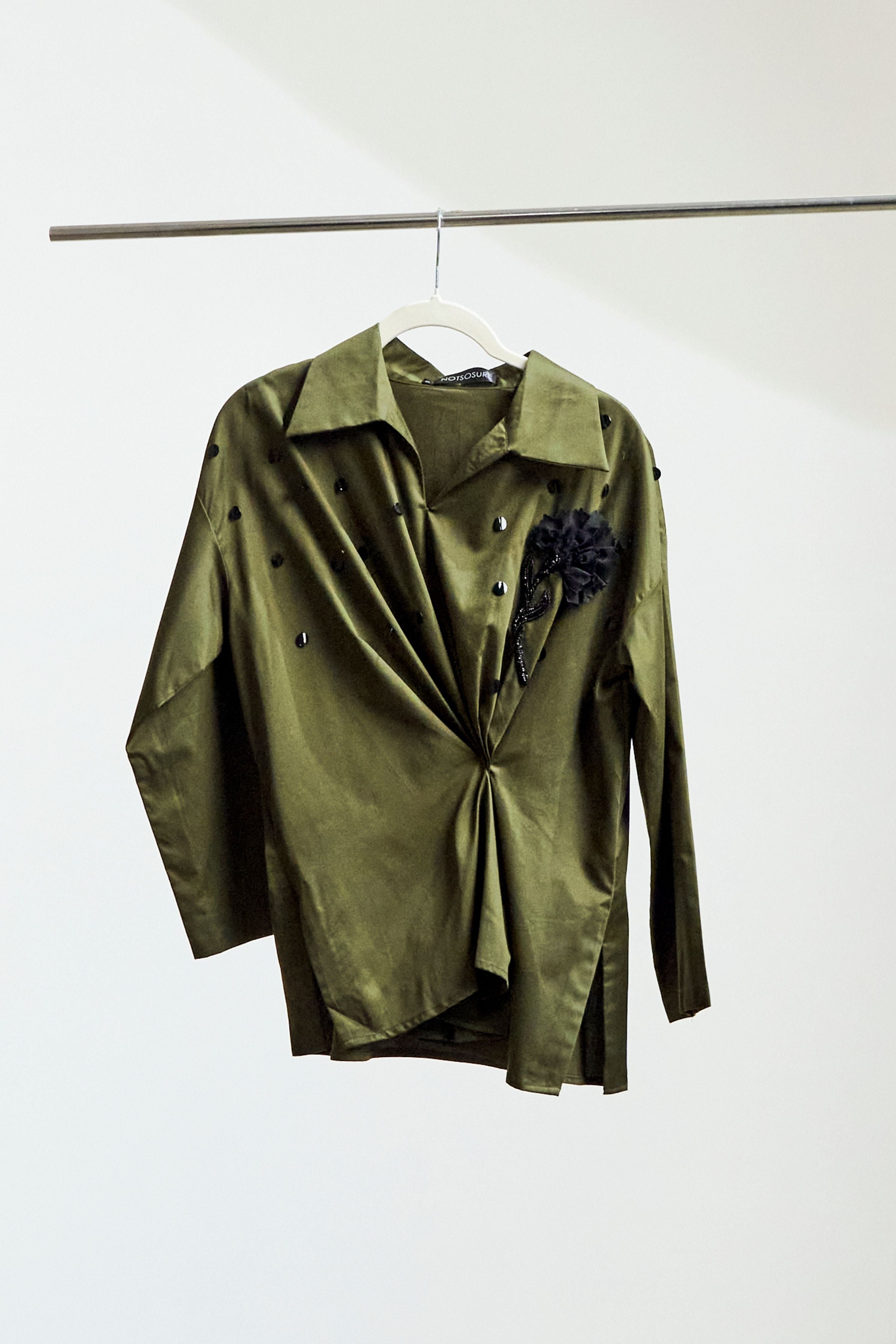 Olive Flower Brooch Shirt Coord