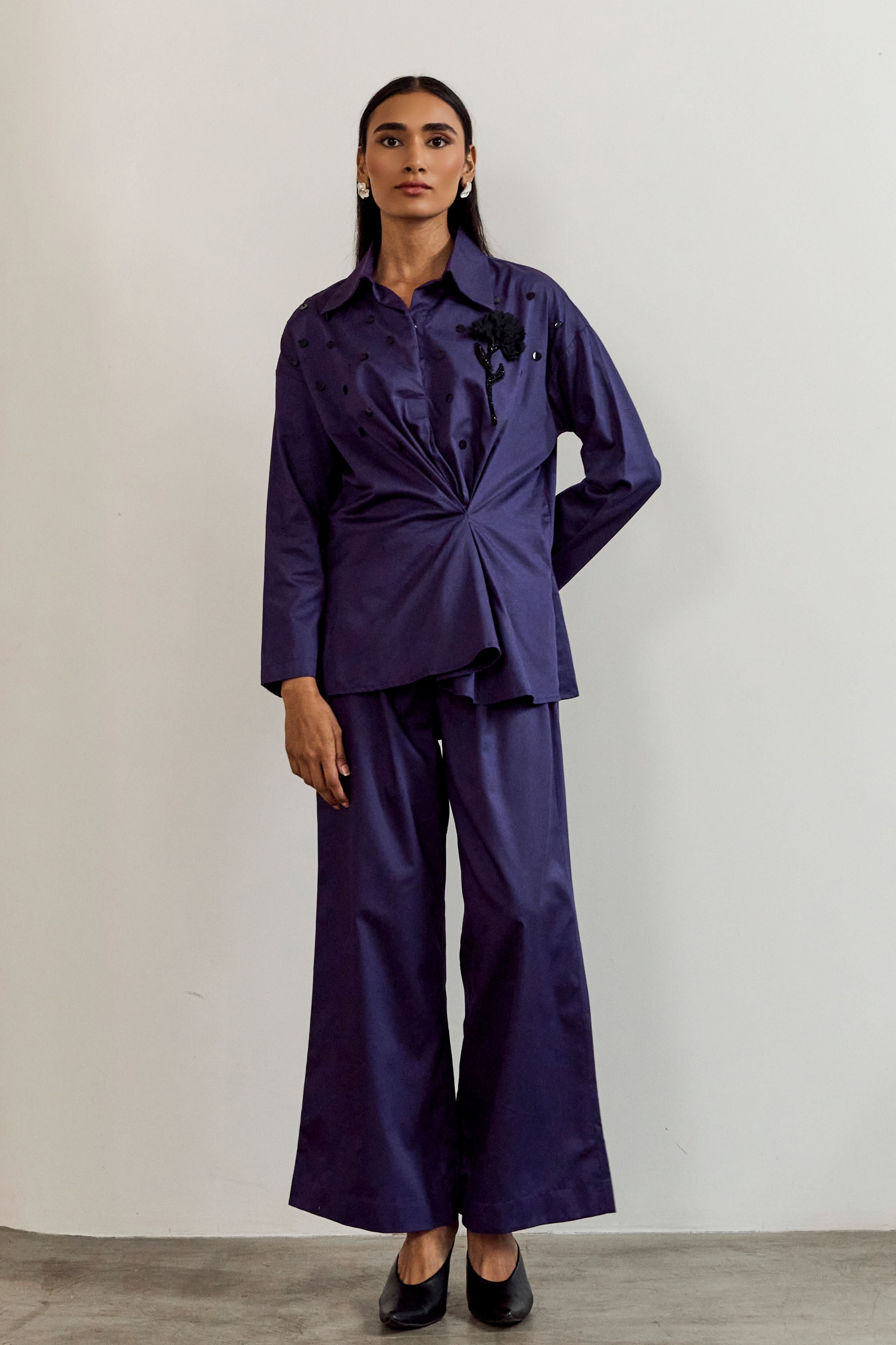 Purple Flower Brooch Shirt Coord