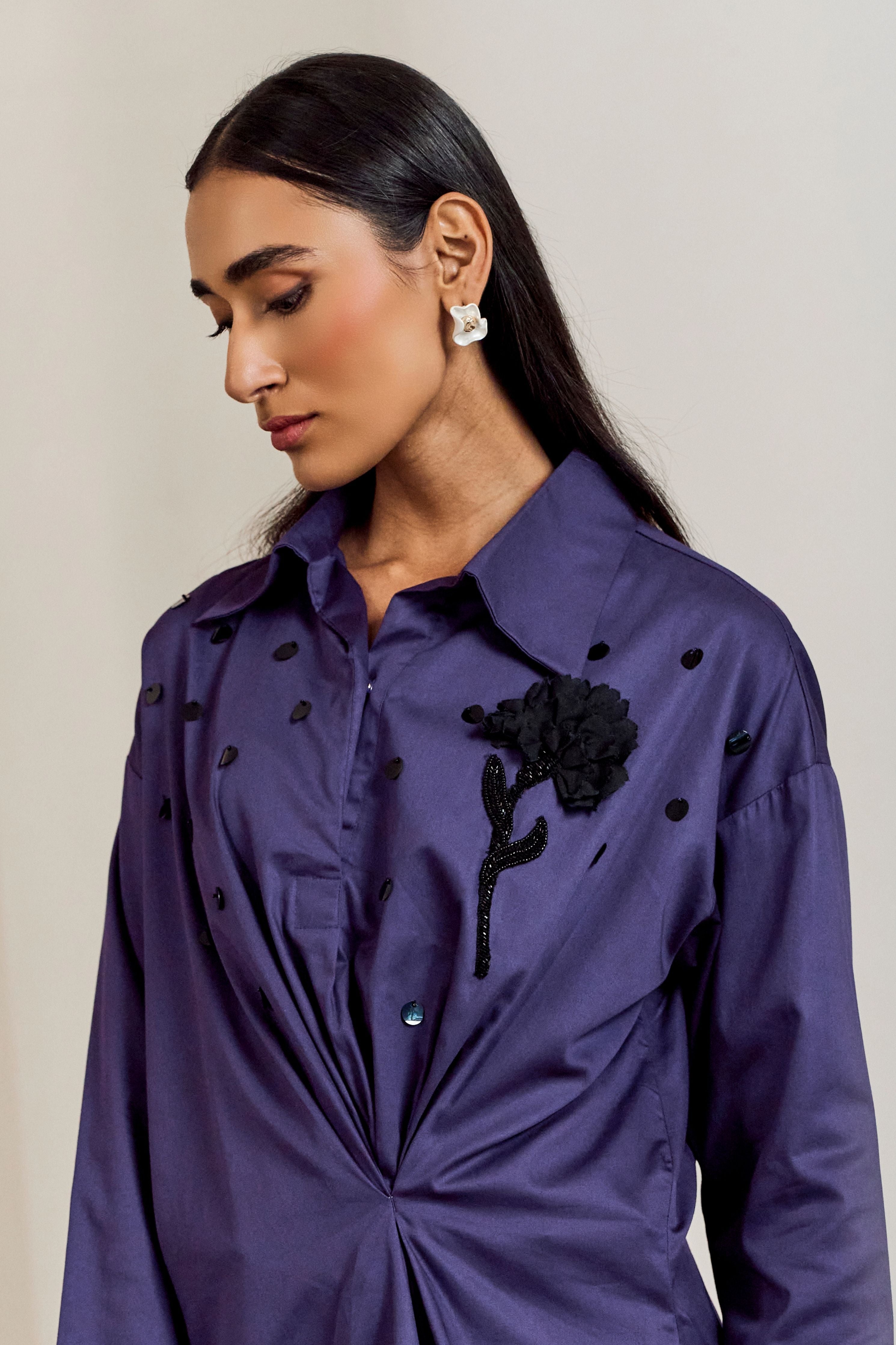 Purple Flower Brooch Shirt Coord