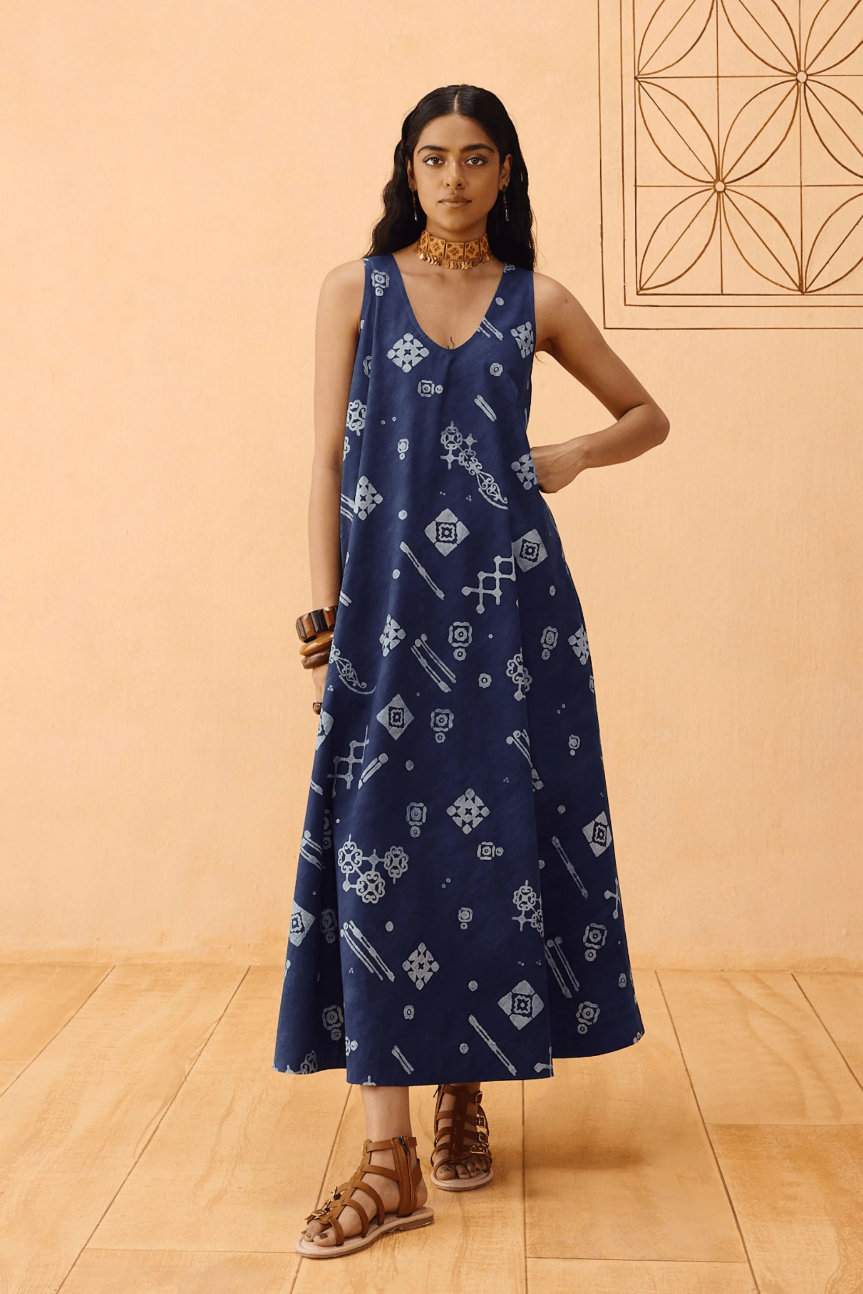 Indigo Ornament Organic Cotton Maxi Dress