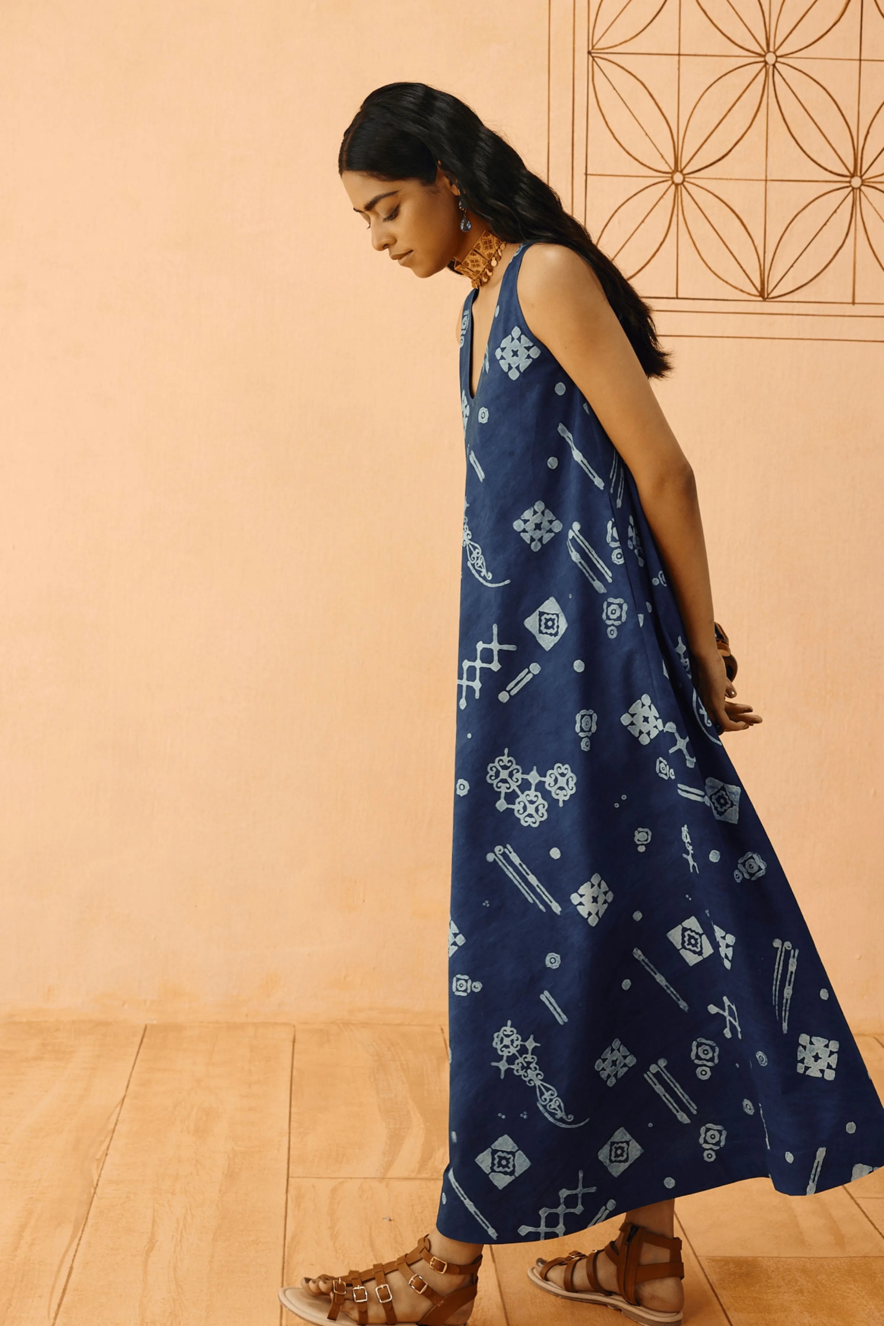 Indigo Ornament Organic Cotton Maxi Dress