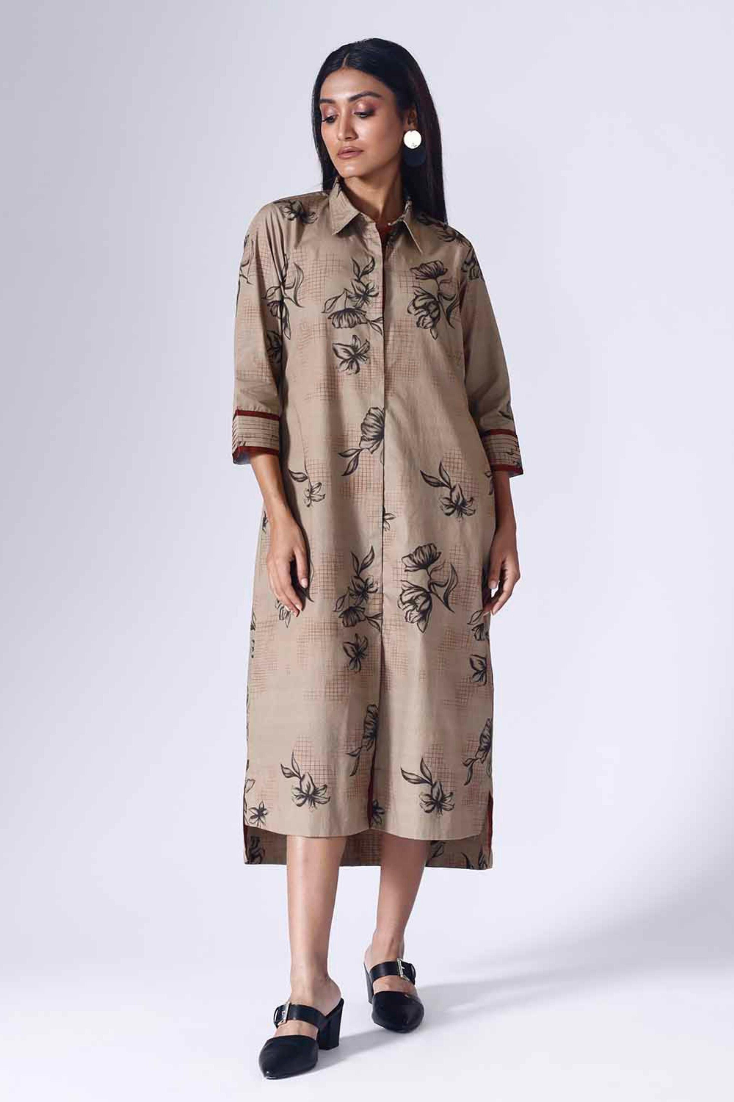 Floral Grid Beige Long Dress
