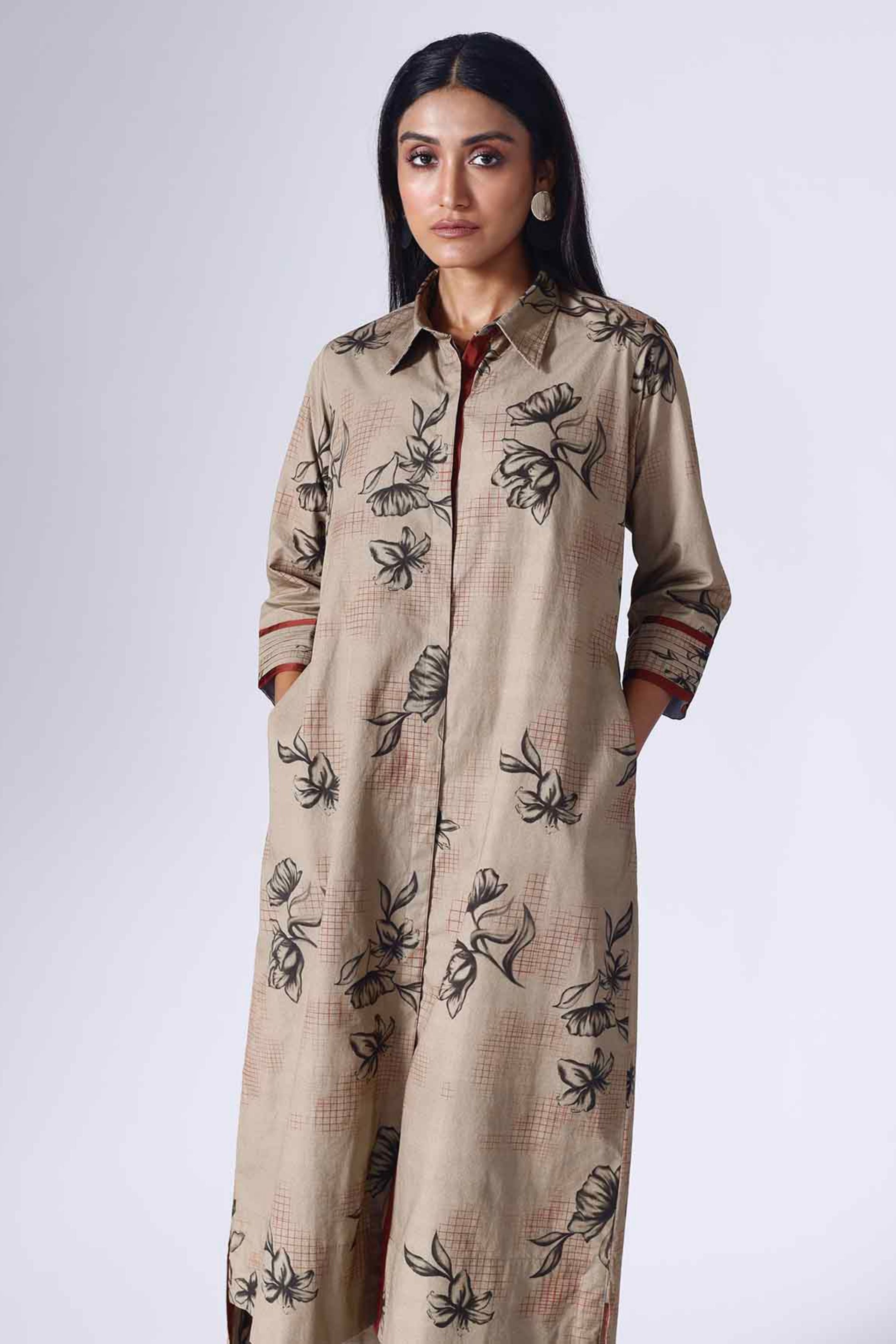Floral Grid Beige Long Dress