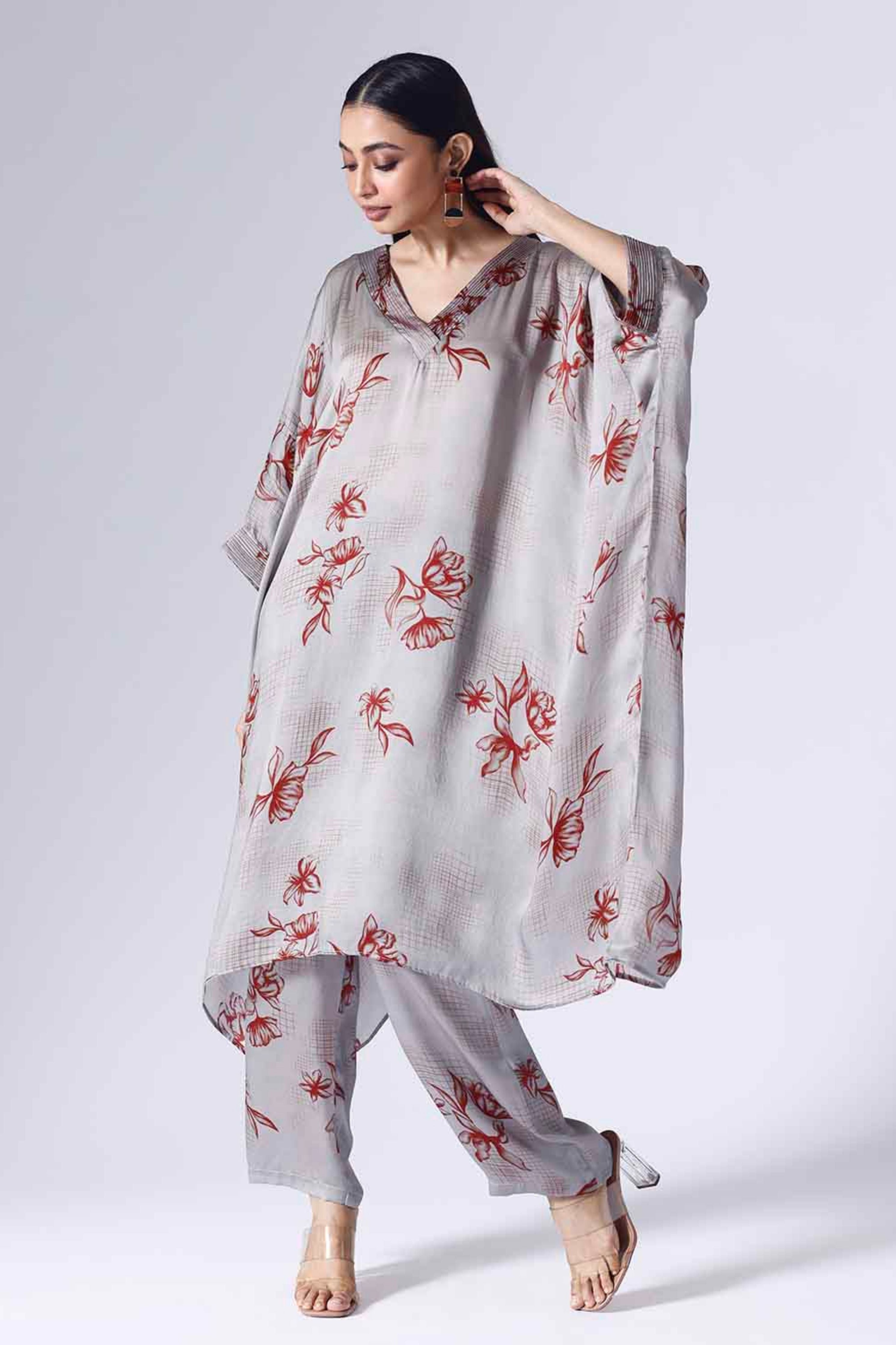 Floral Grid Long Kaftaan Set