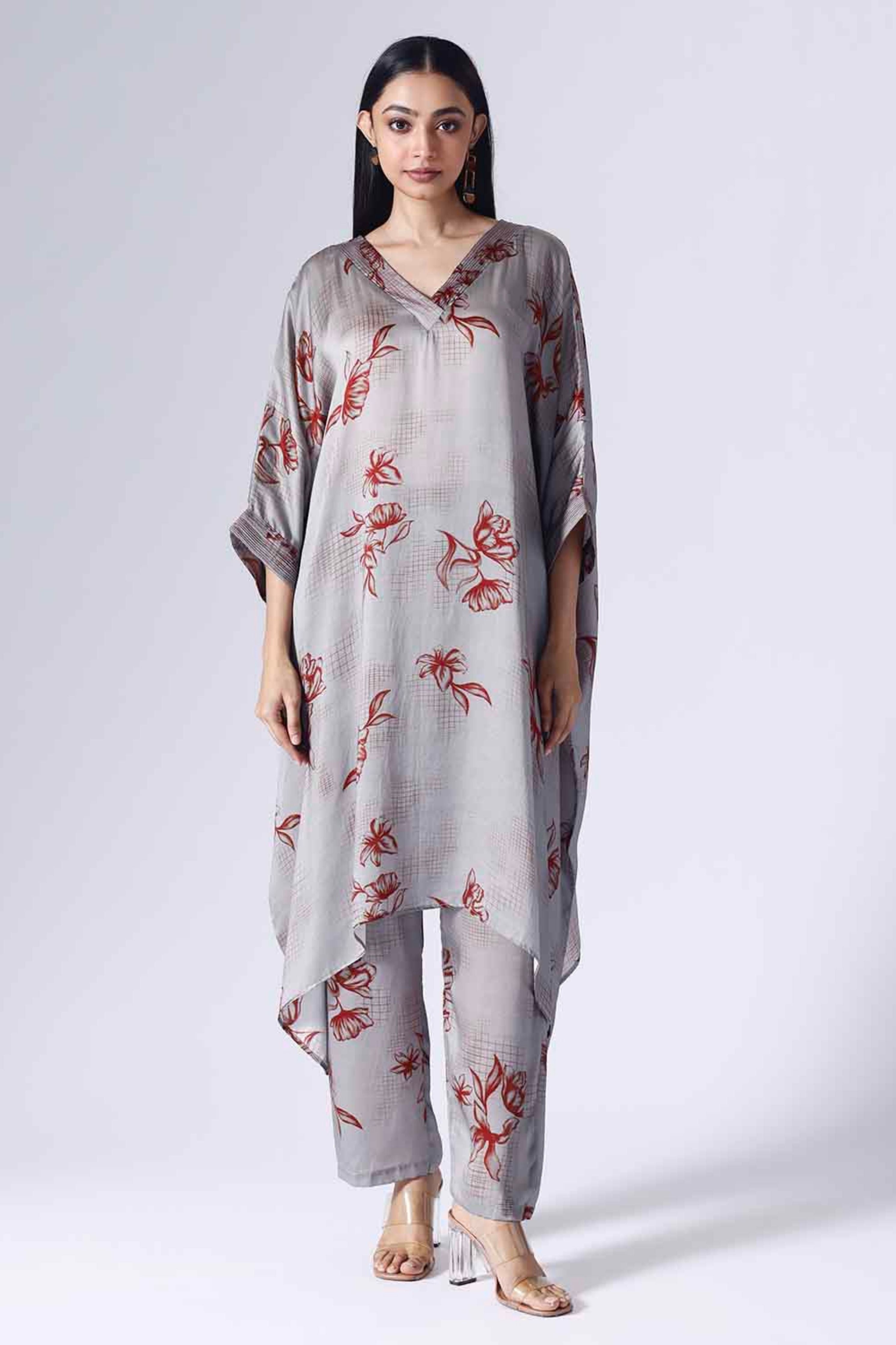 Floral Grid Long Kaftaan Set