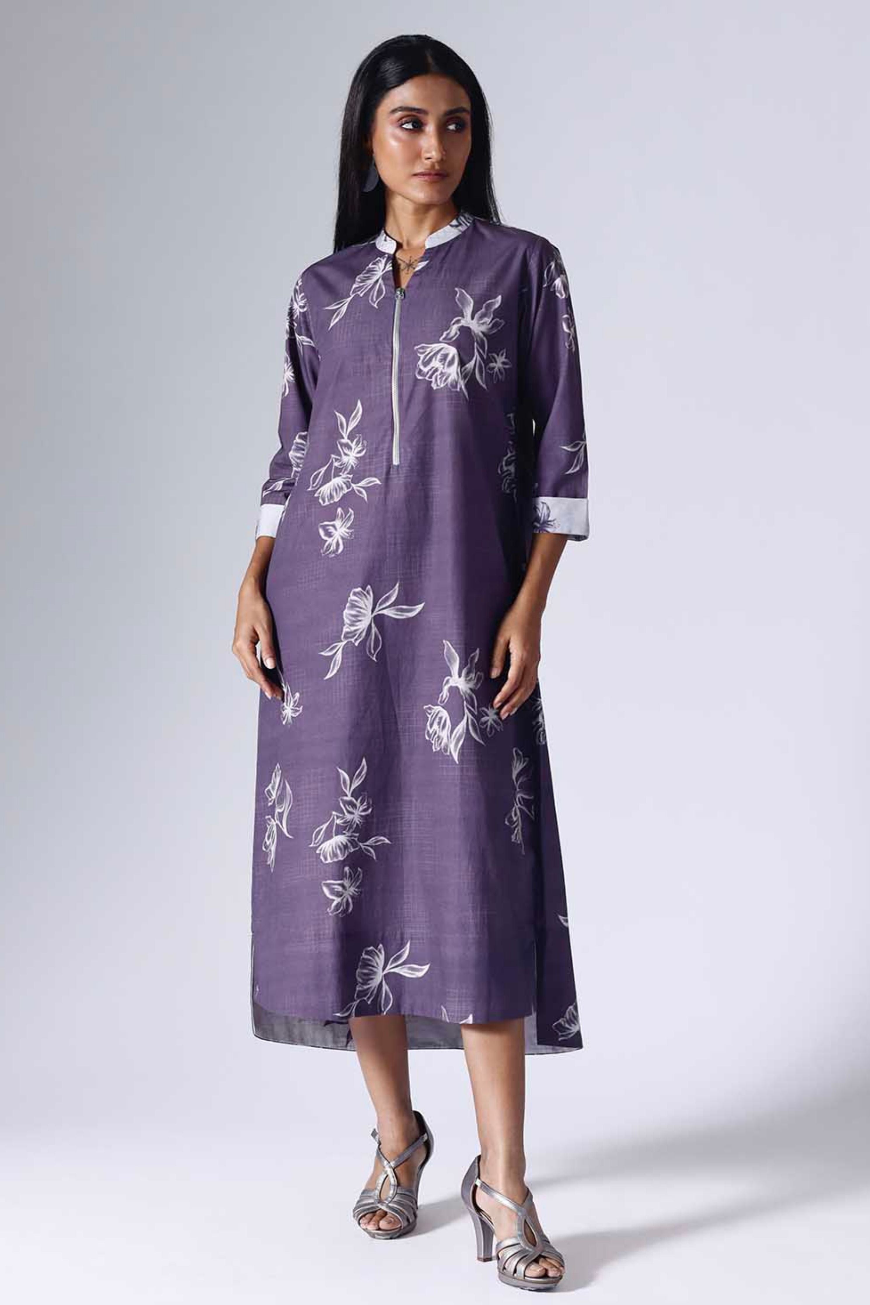 Floral Grid Purle Long Dress