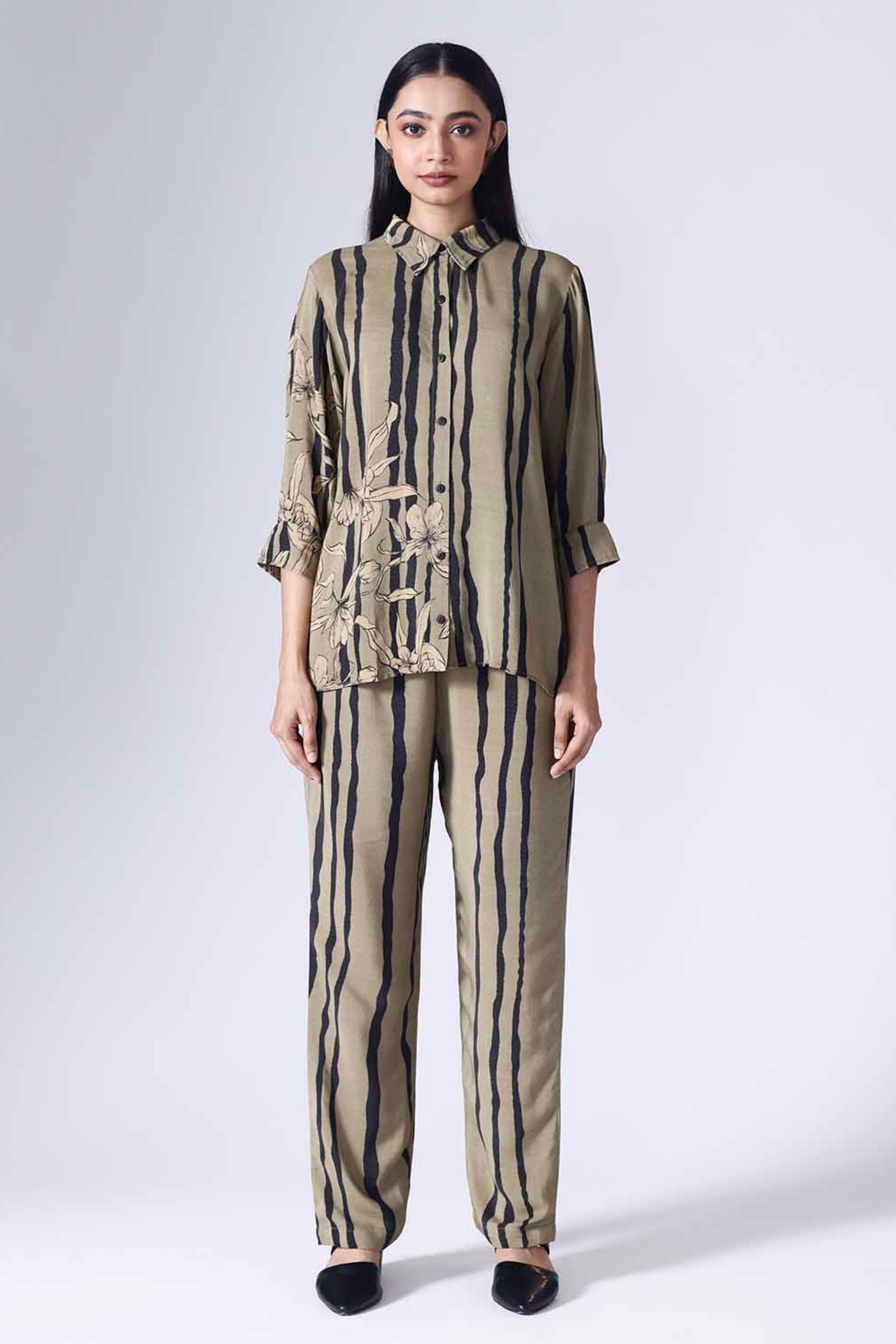 Floral Stripe Olive  Shirt