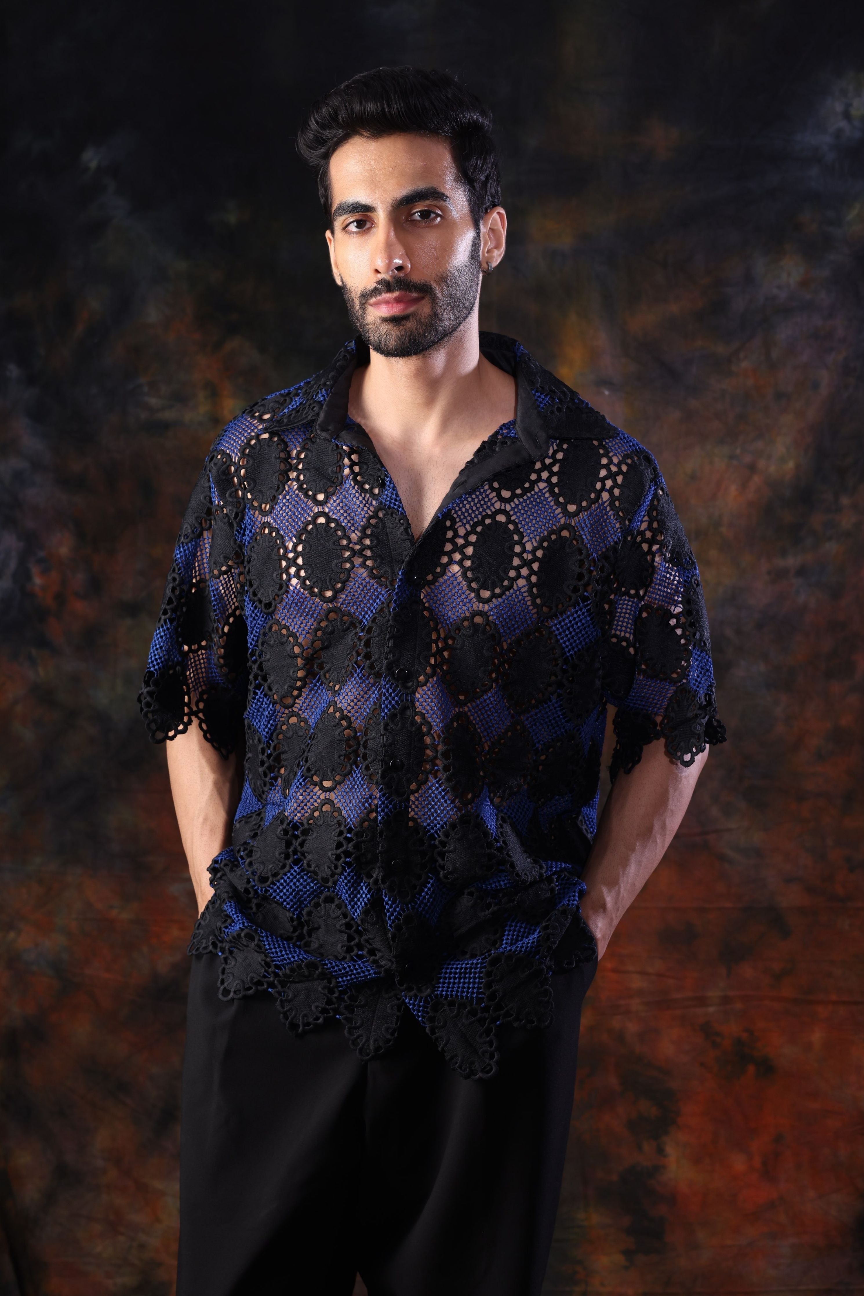 Black, Blue Crochet Shirt