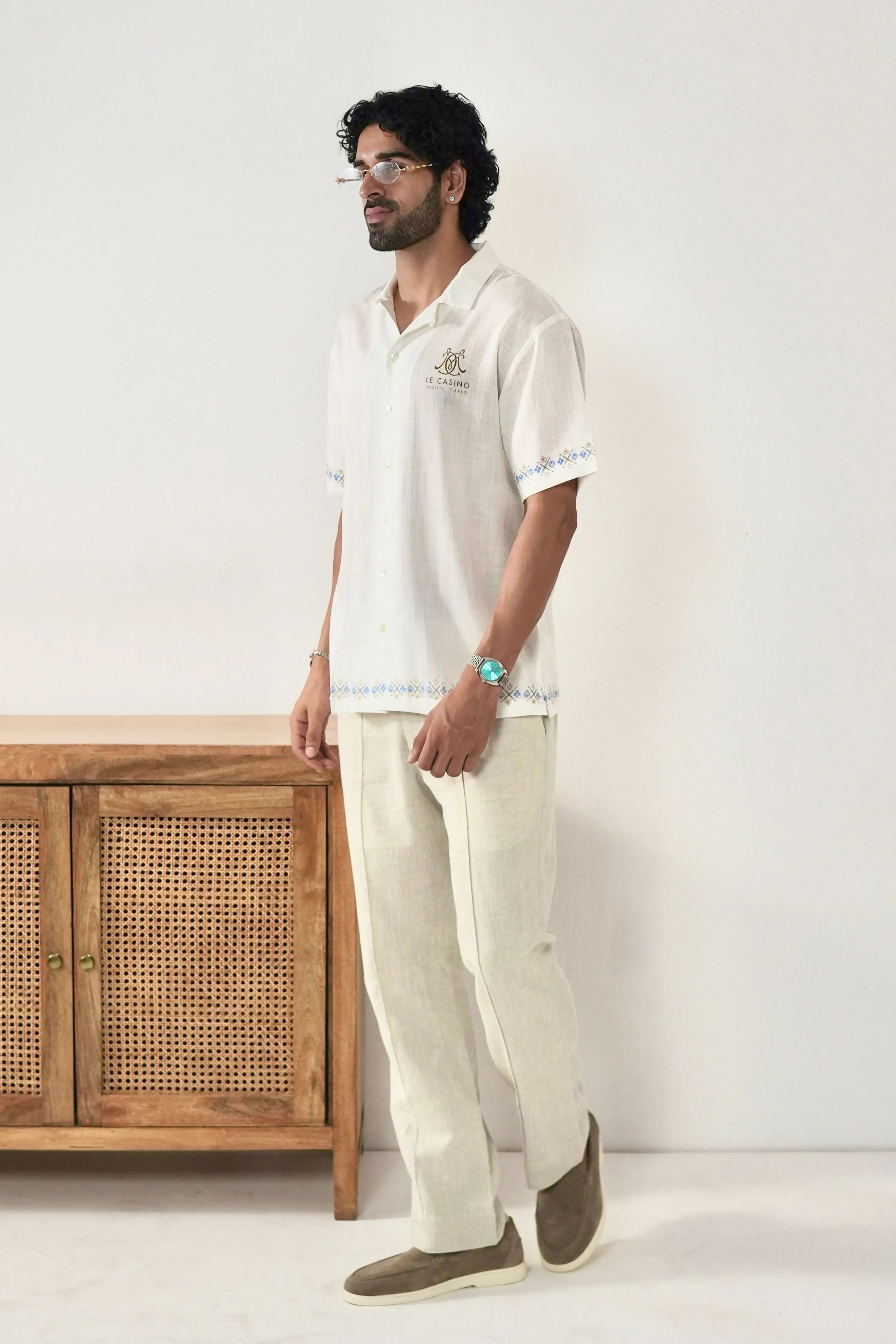 White Monte Carlo Cuban Collar Shirt
