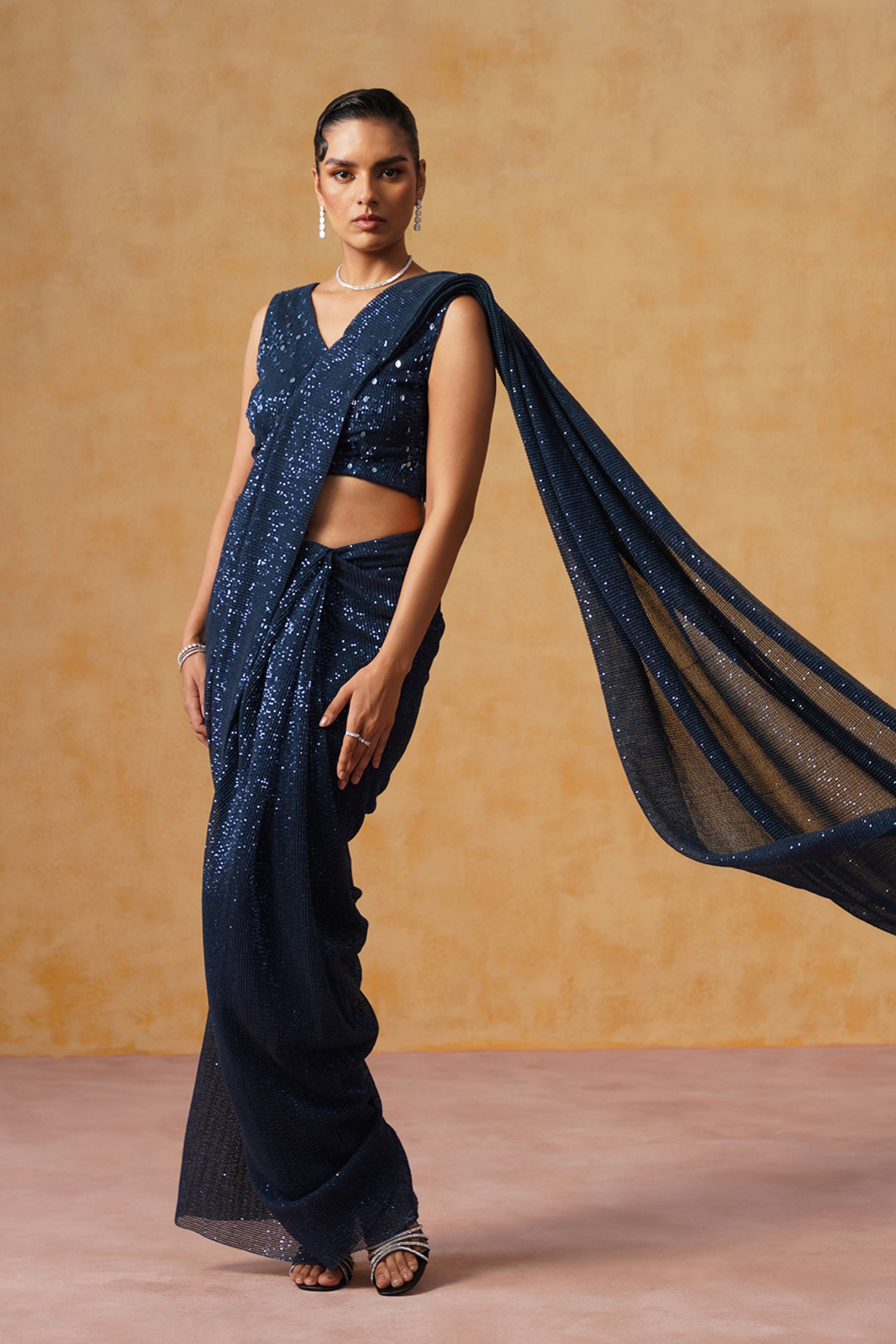 Inaya Midnight Blue Sequin Pre-Stitched Saree