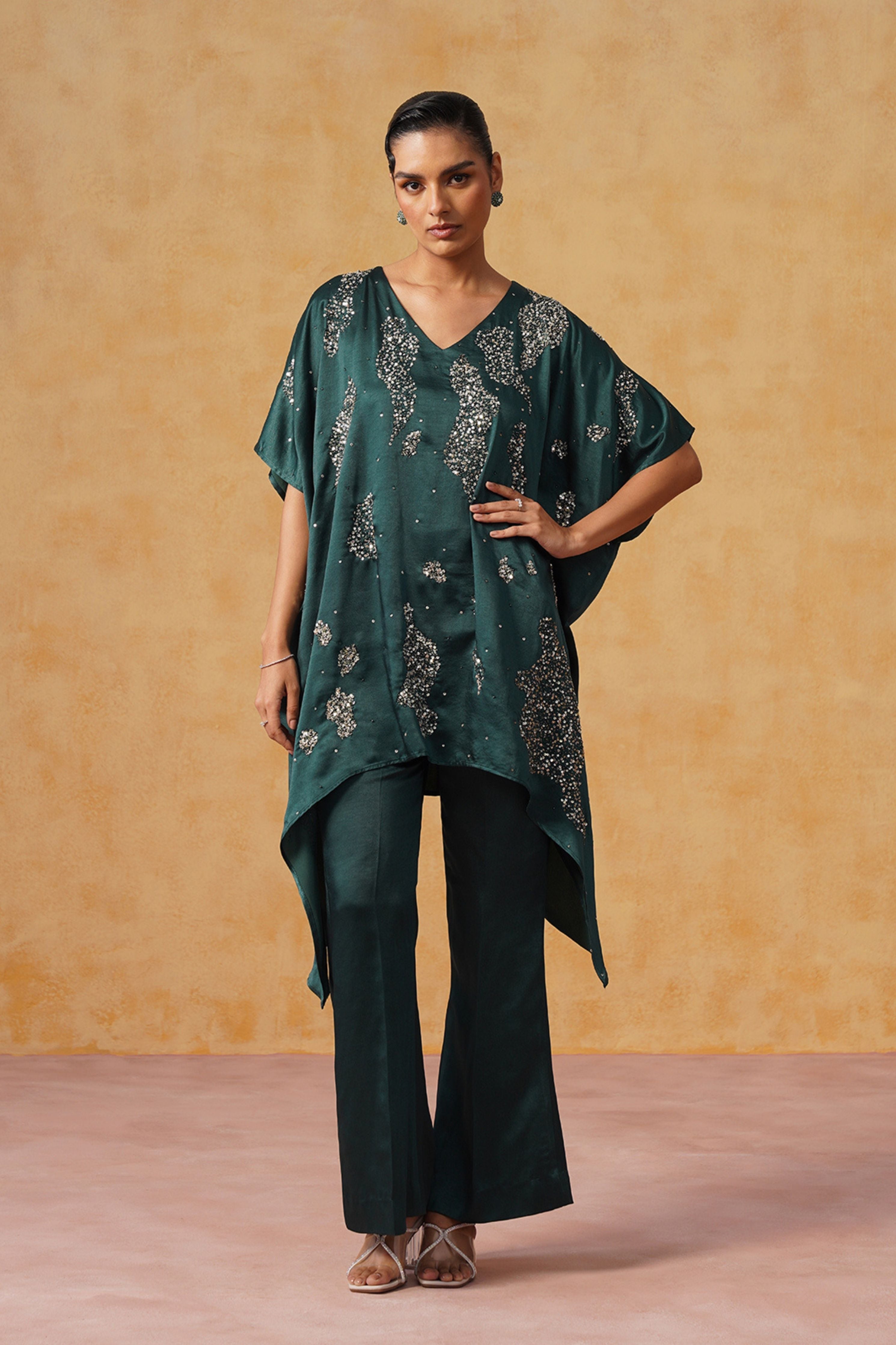 Tara Bottle Green Kaftan Co-ord Set