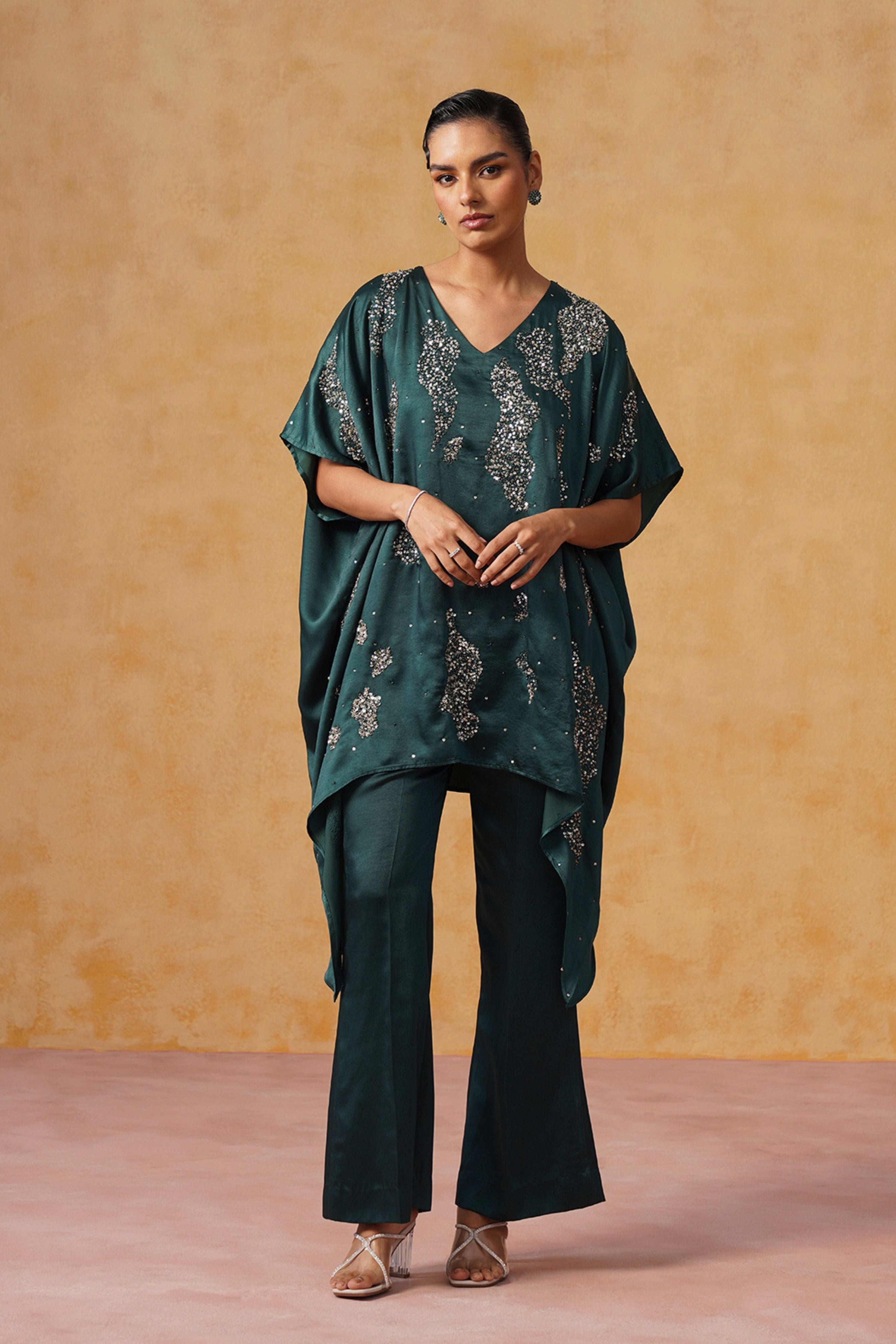 Tara Bottle Green Kaftan Co-ord Set