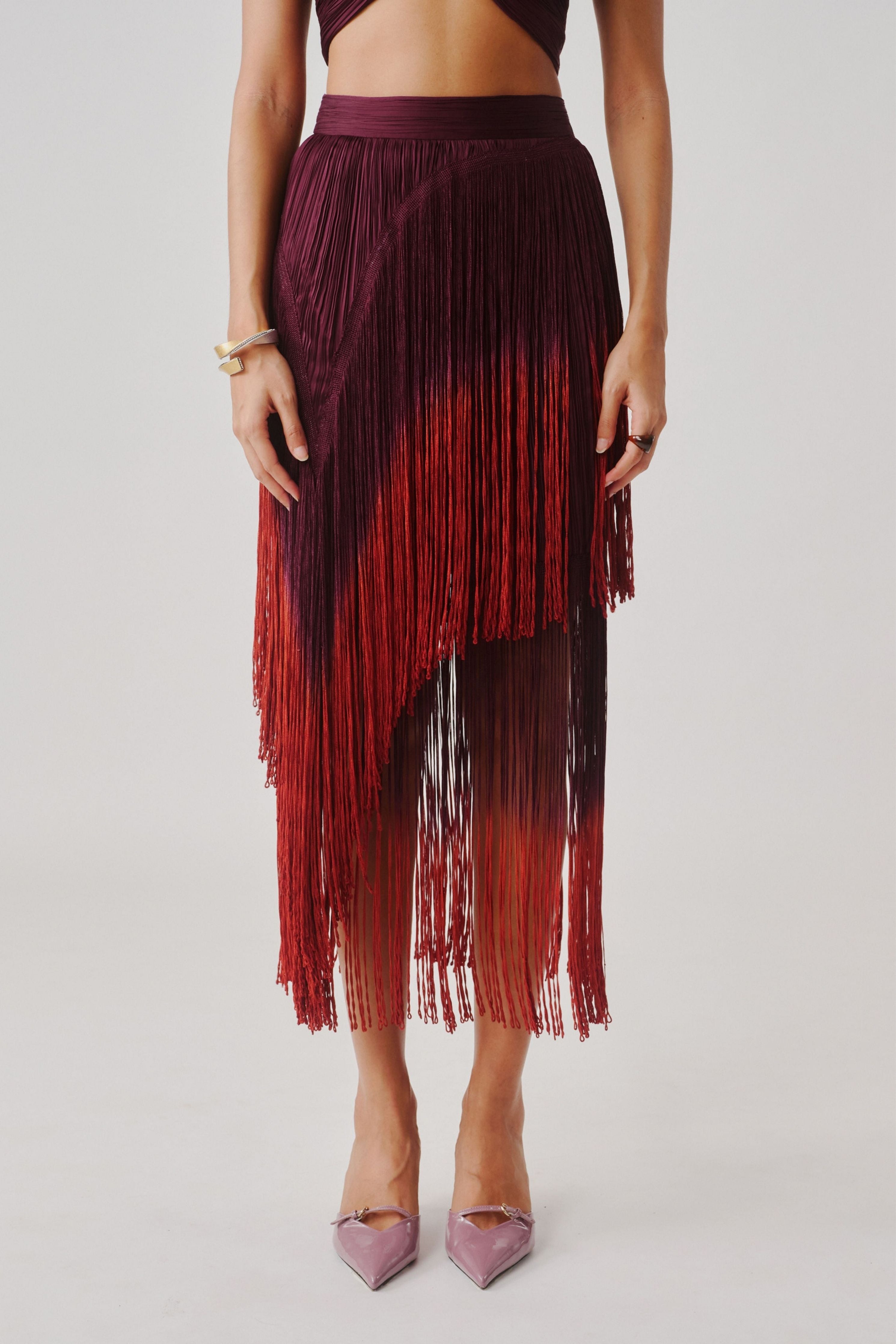 Burnt Wine Fringe Skirt
