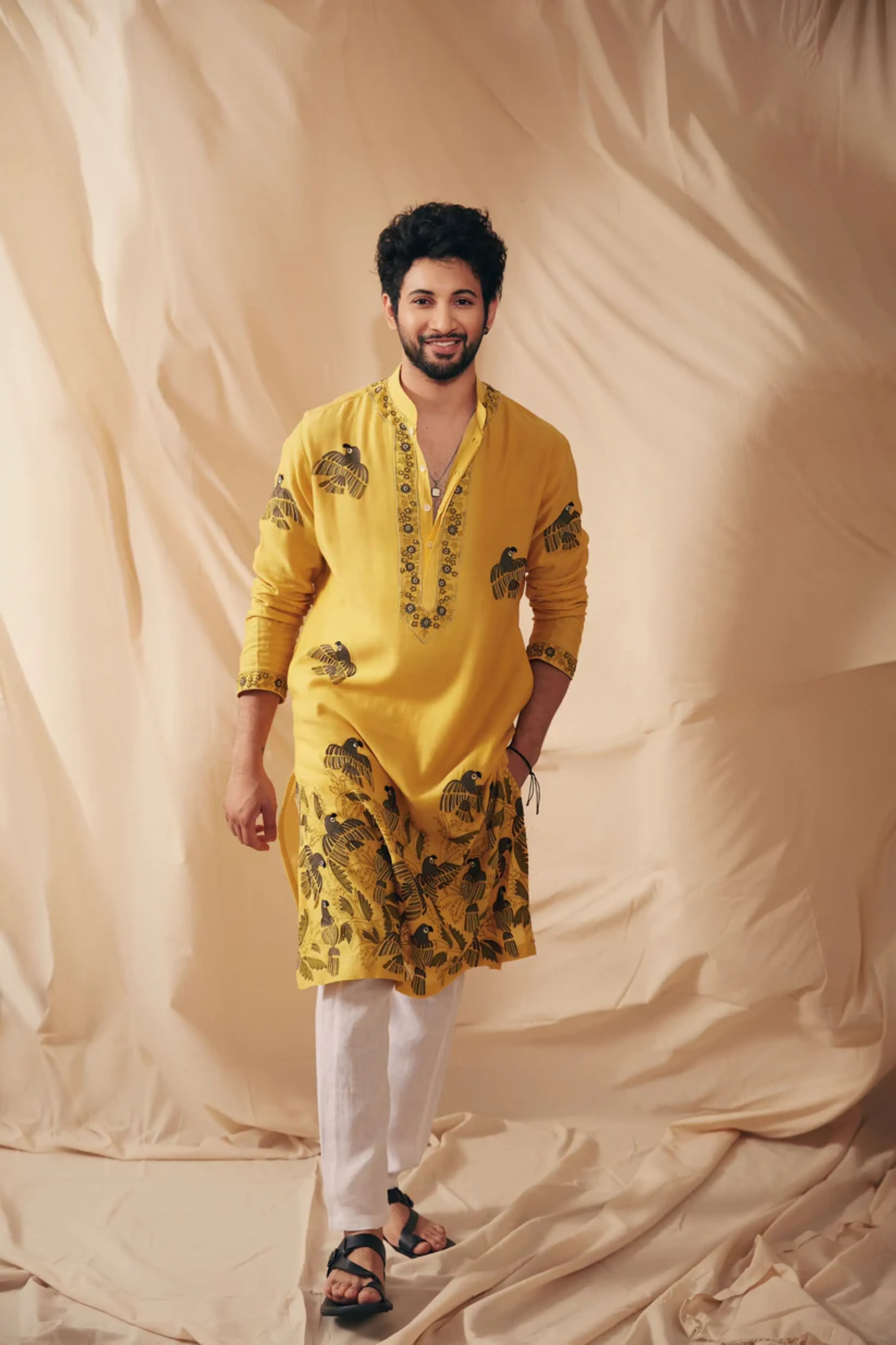 Rohit Saraf In Mustard Flock Parrot Kurta Set