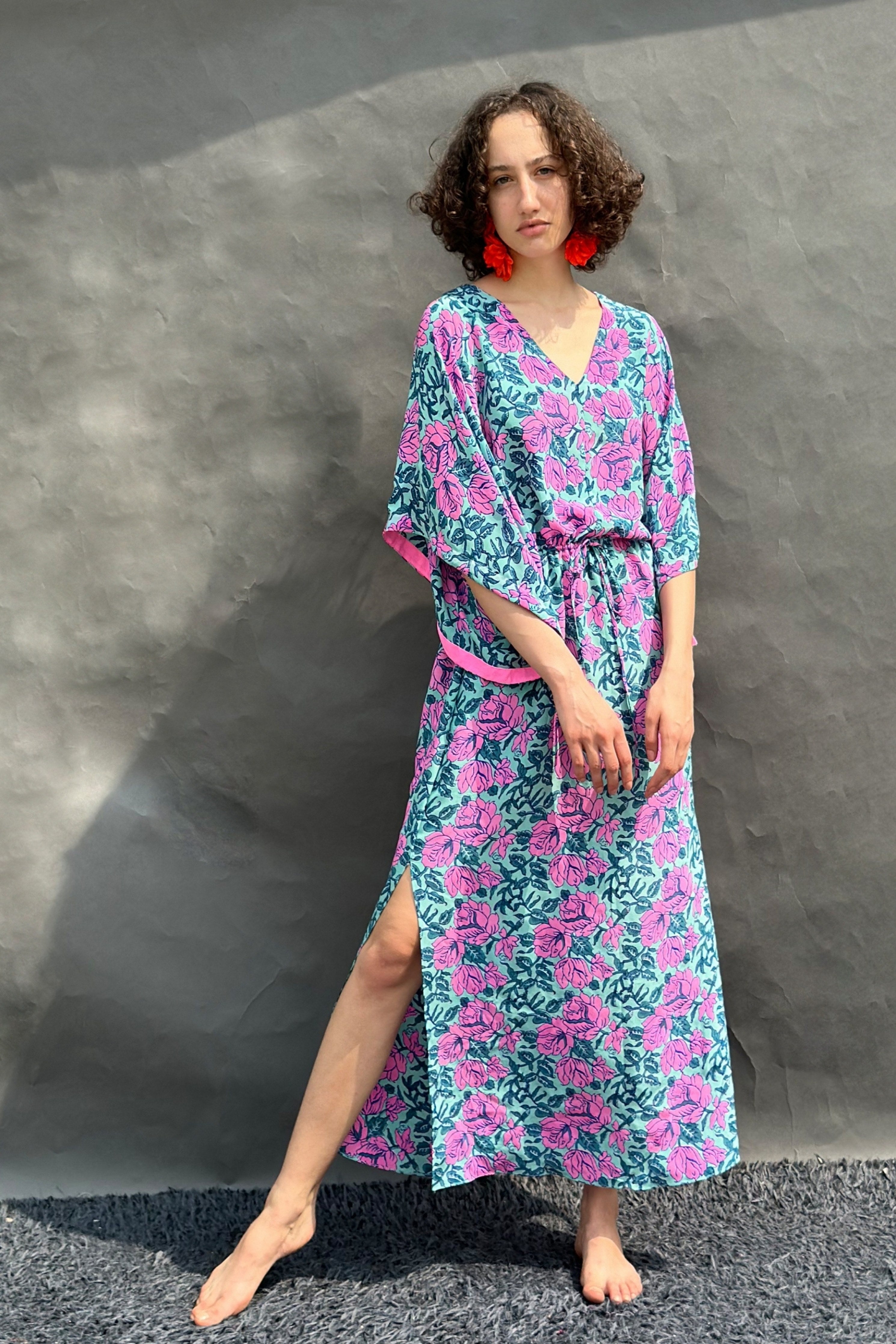 Floral Print V- Neck  Maxi Dress