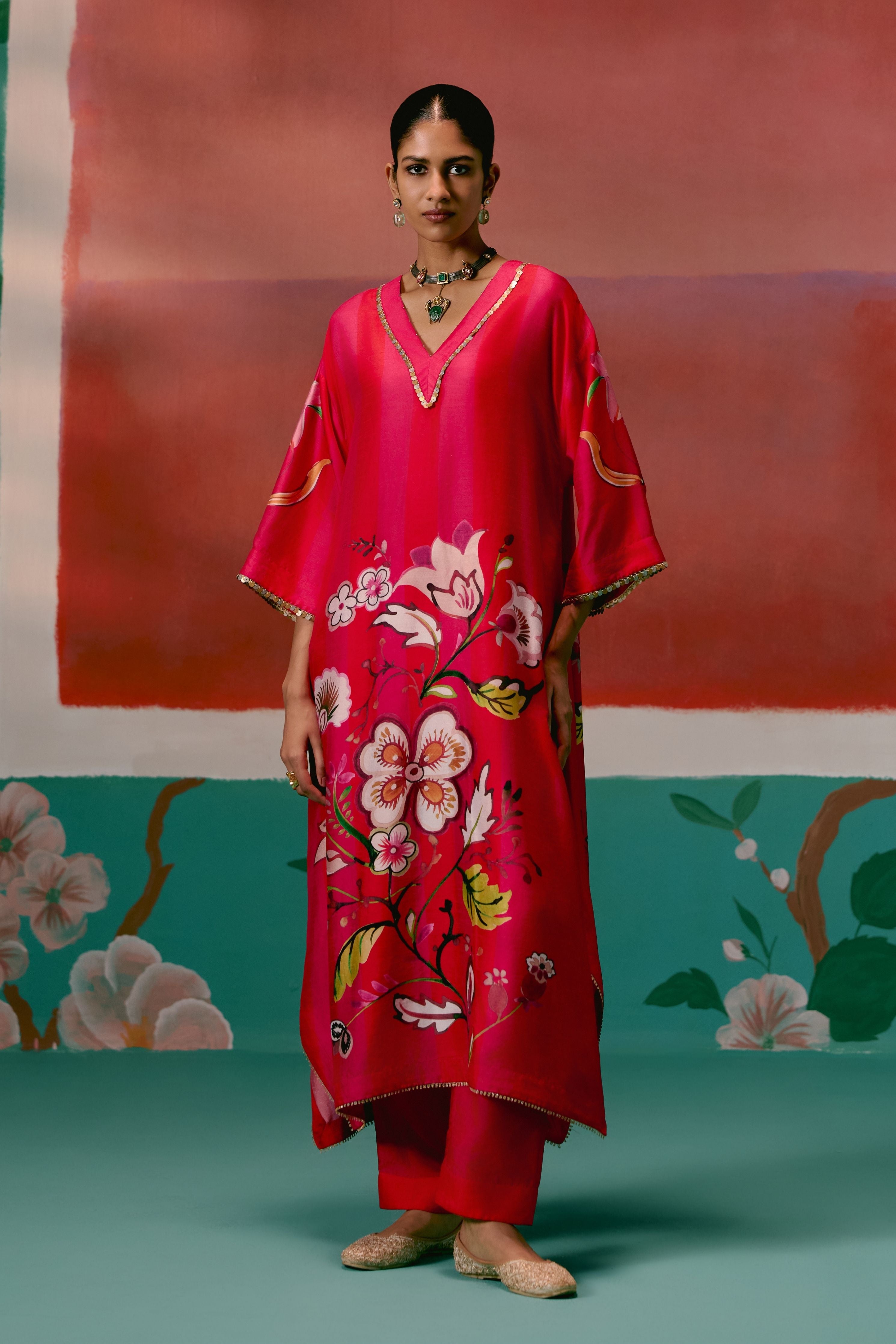 Fuschia Striped Floral Kaftan Set
