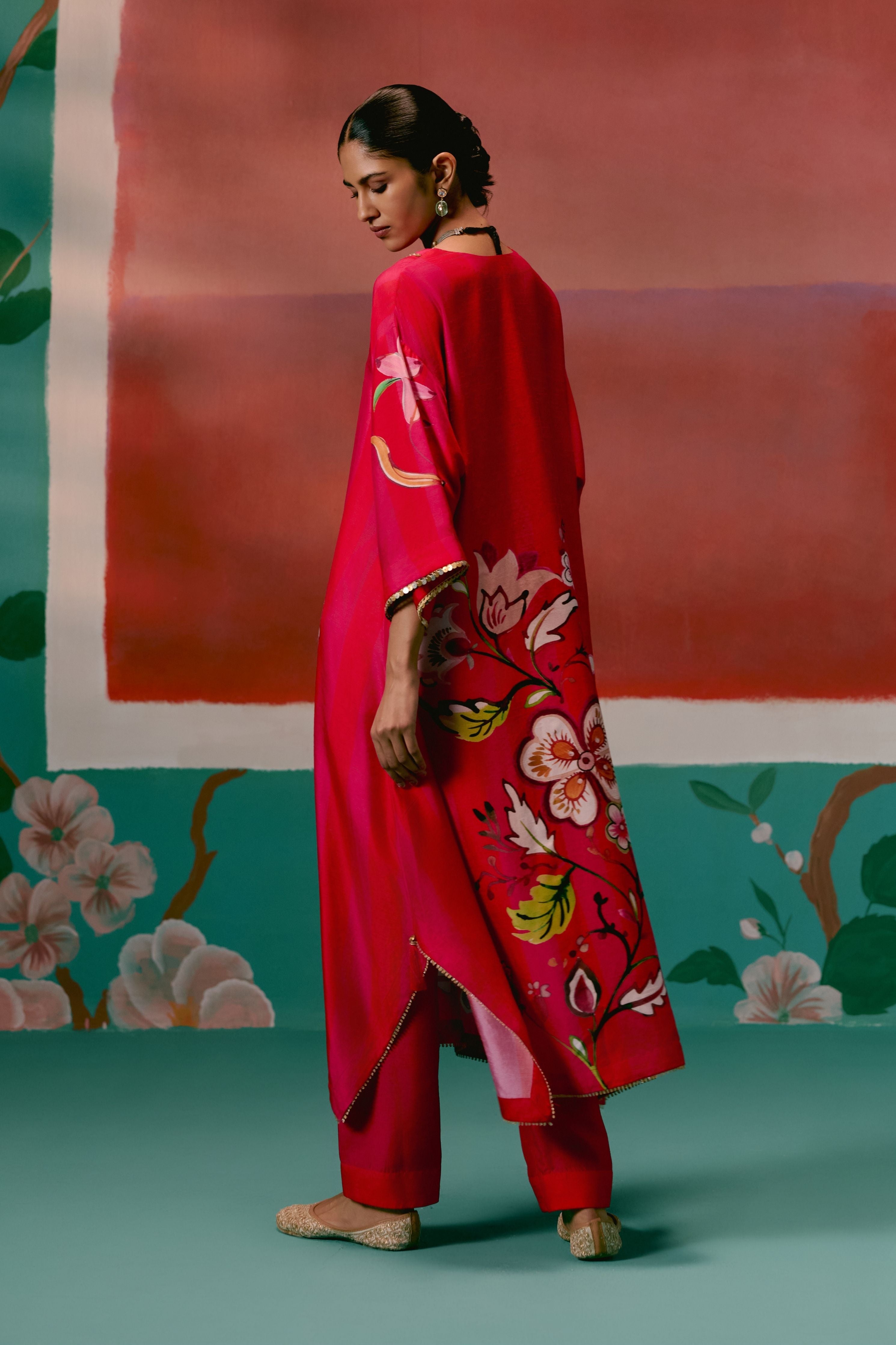 Fuschia Striped Floral Kaftan Set