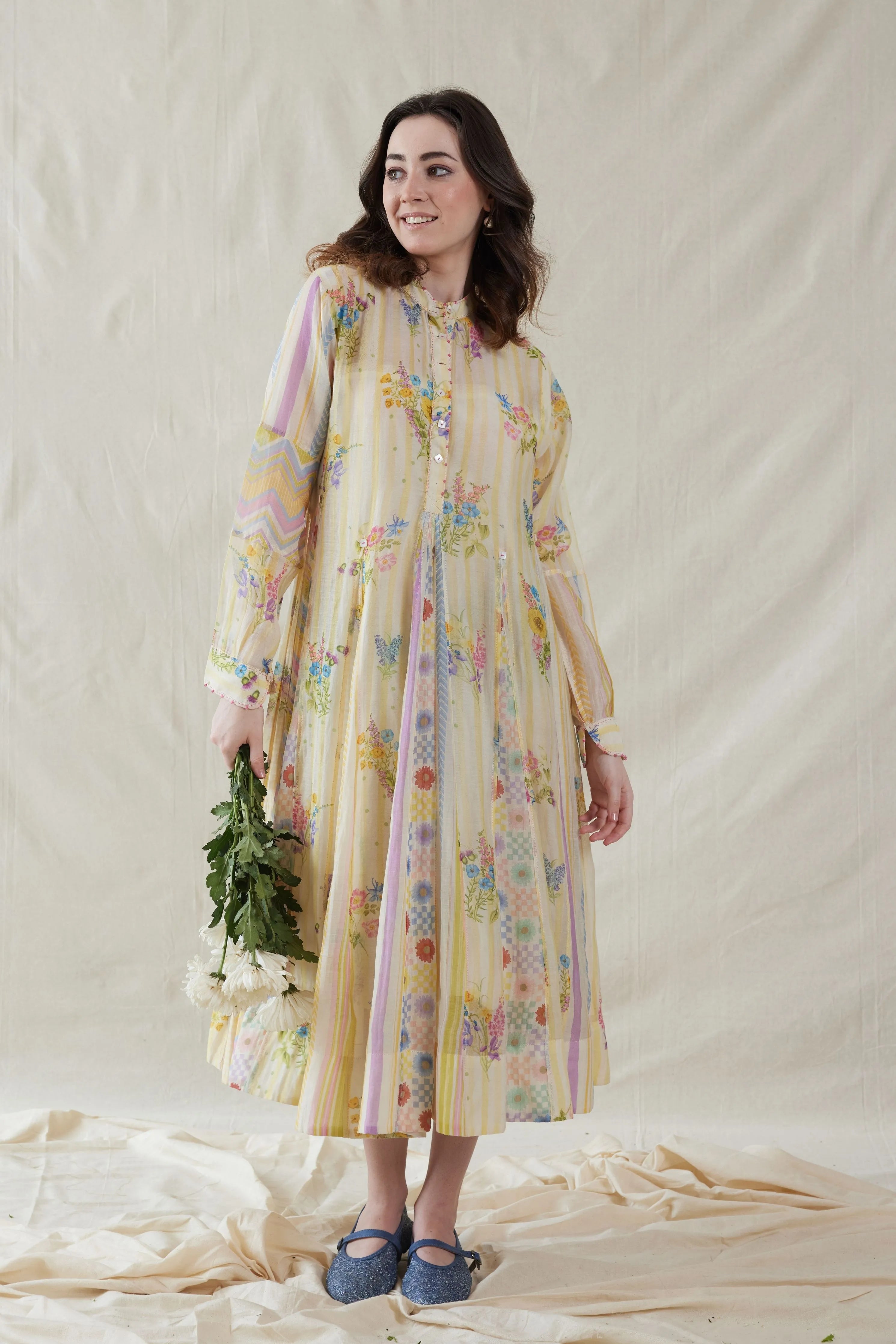 Yellow Floral Hand Woven Cotton Silk Dress