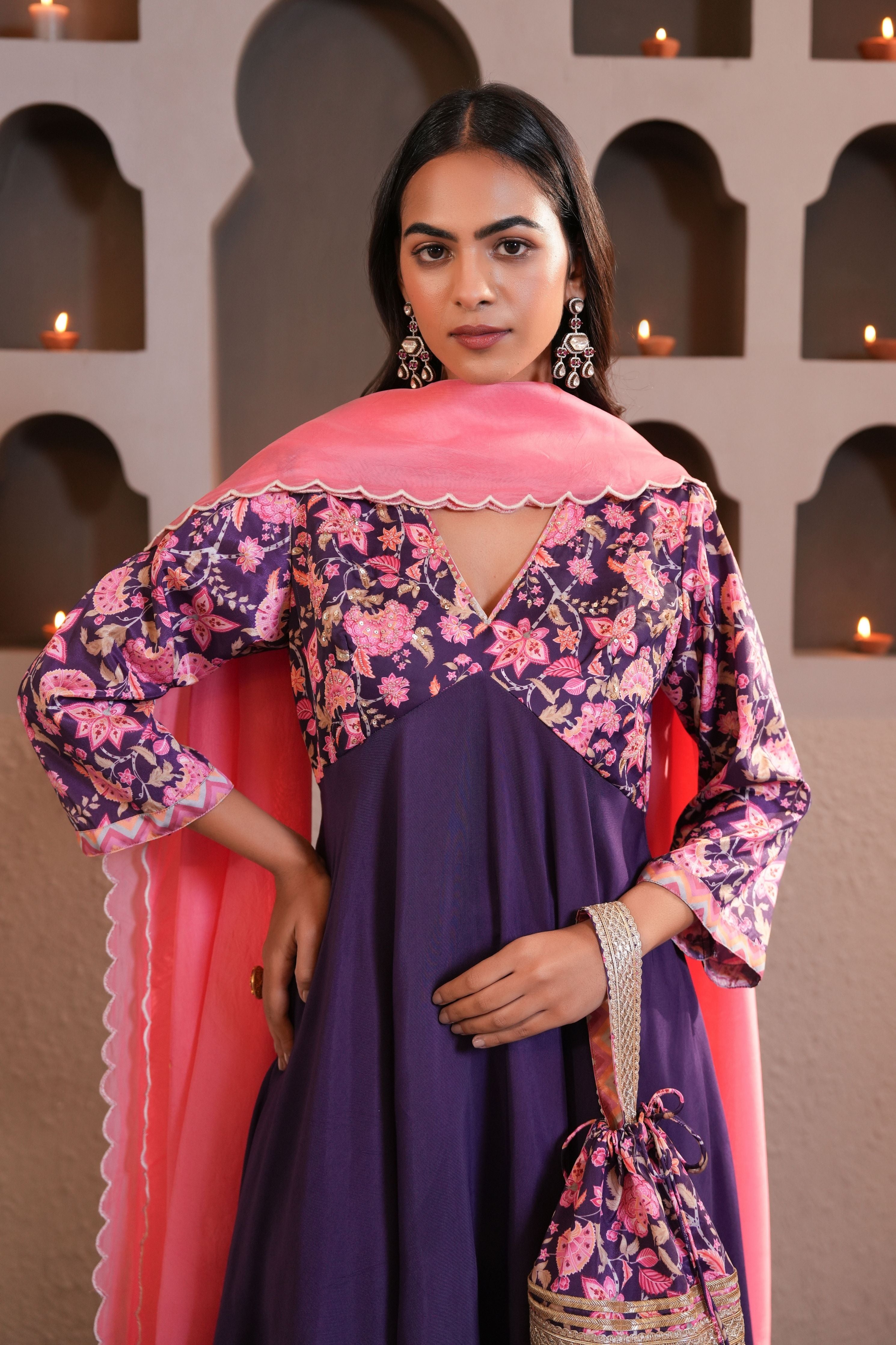 Banafshi Chintz Anarkali Set With Dupatta