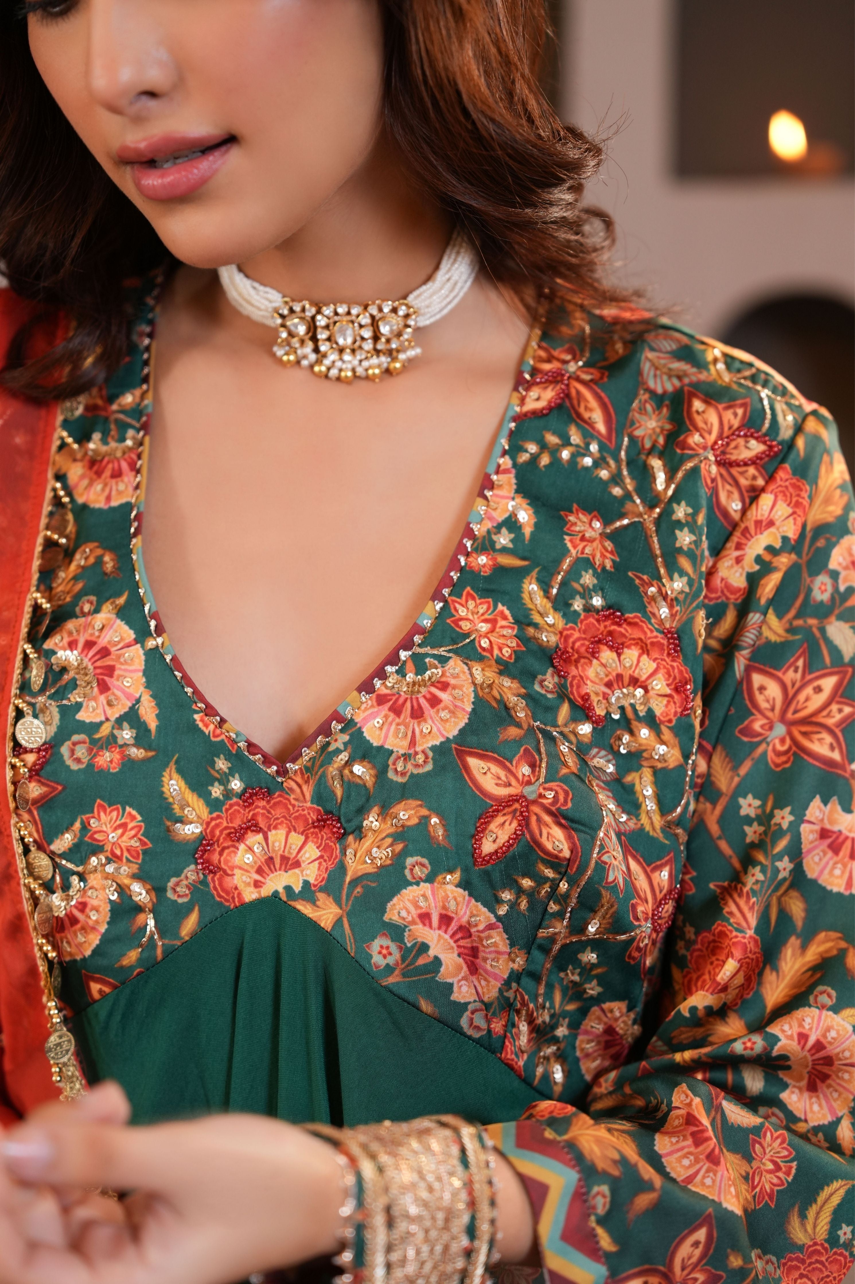 Sabz Chintz Anarkali Set With Dupatta