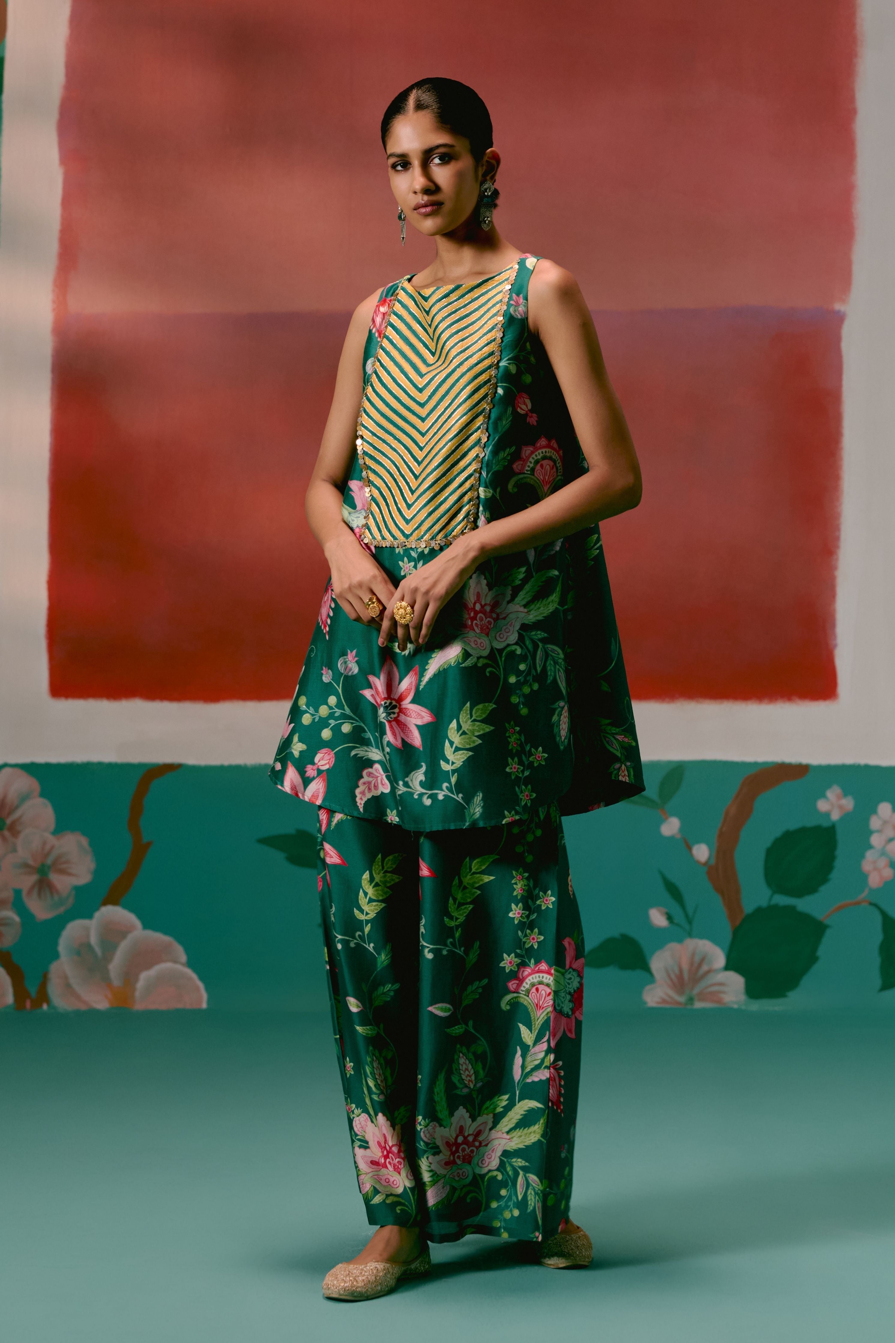 Green Chintz Sleeveless Kurta Set With Dupatta