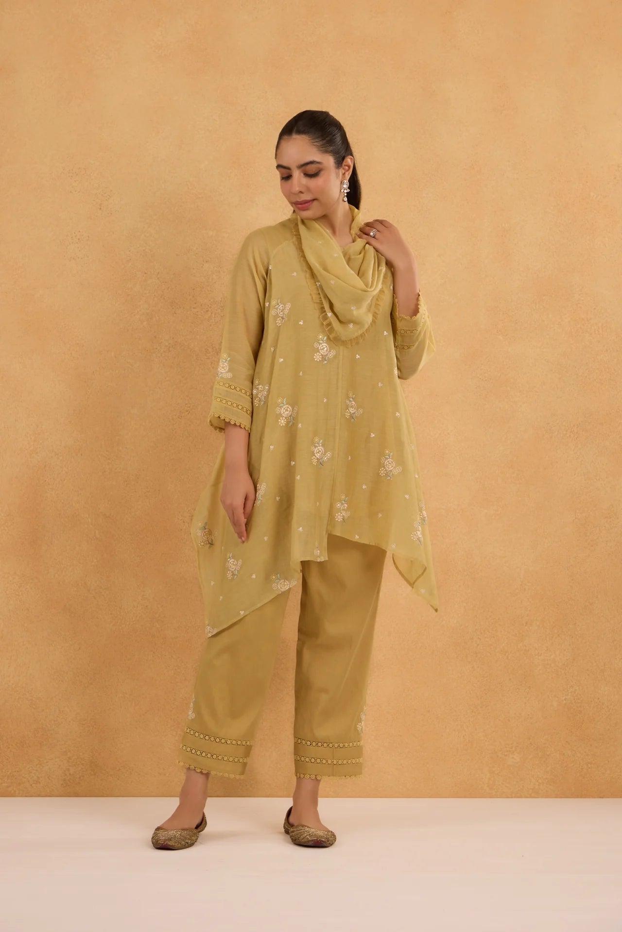 Asymmetric Cowl Tunic Set in Sand-Yellow