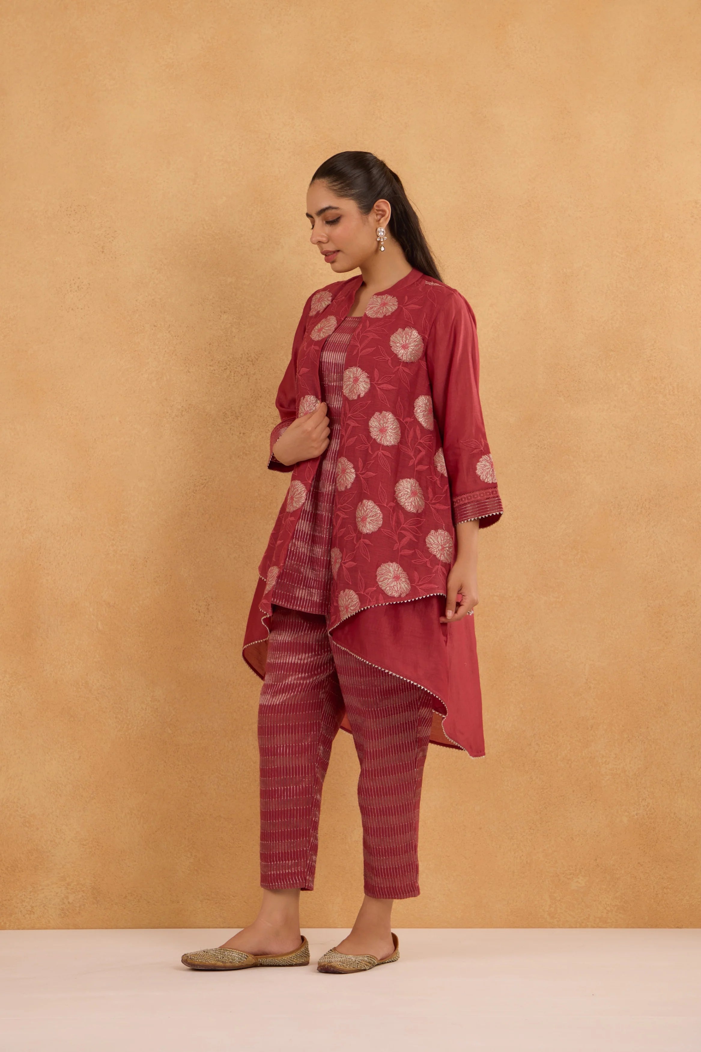 Brick Red High Low Embroidered Jacket Set