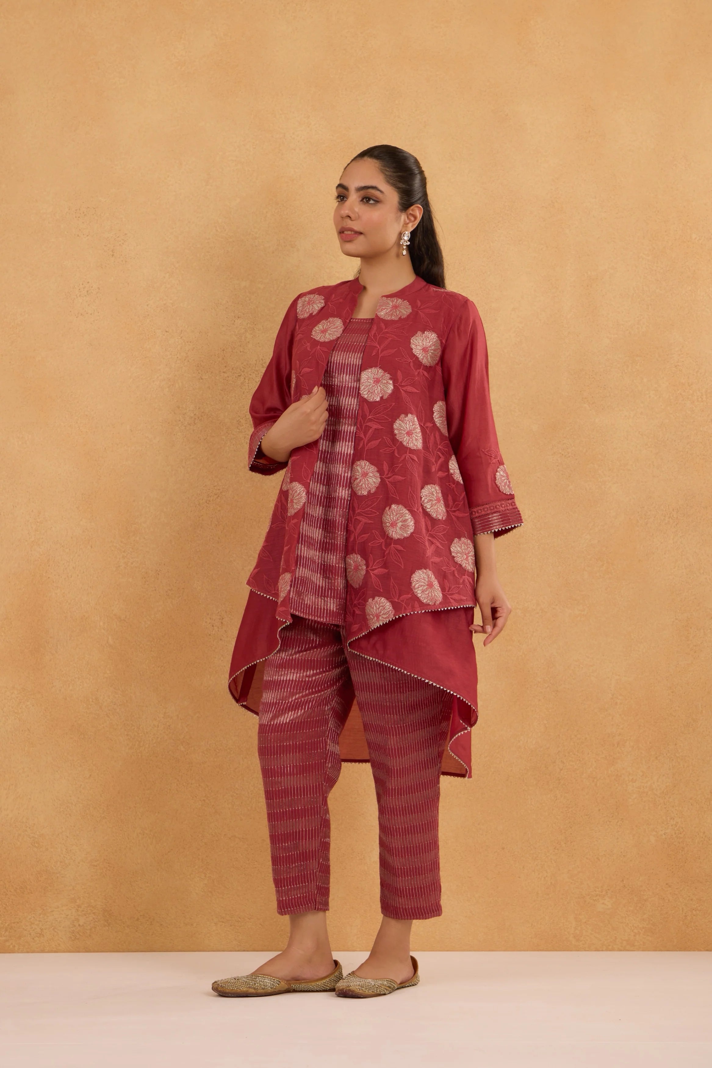 Brick Red High Low Embroidered Jacket Set