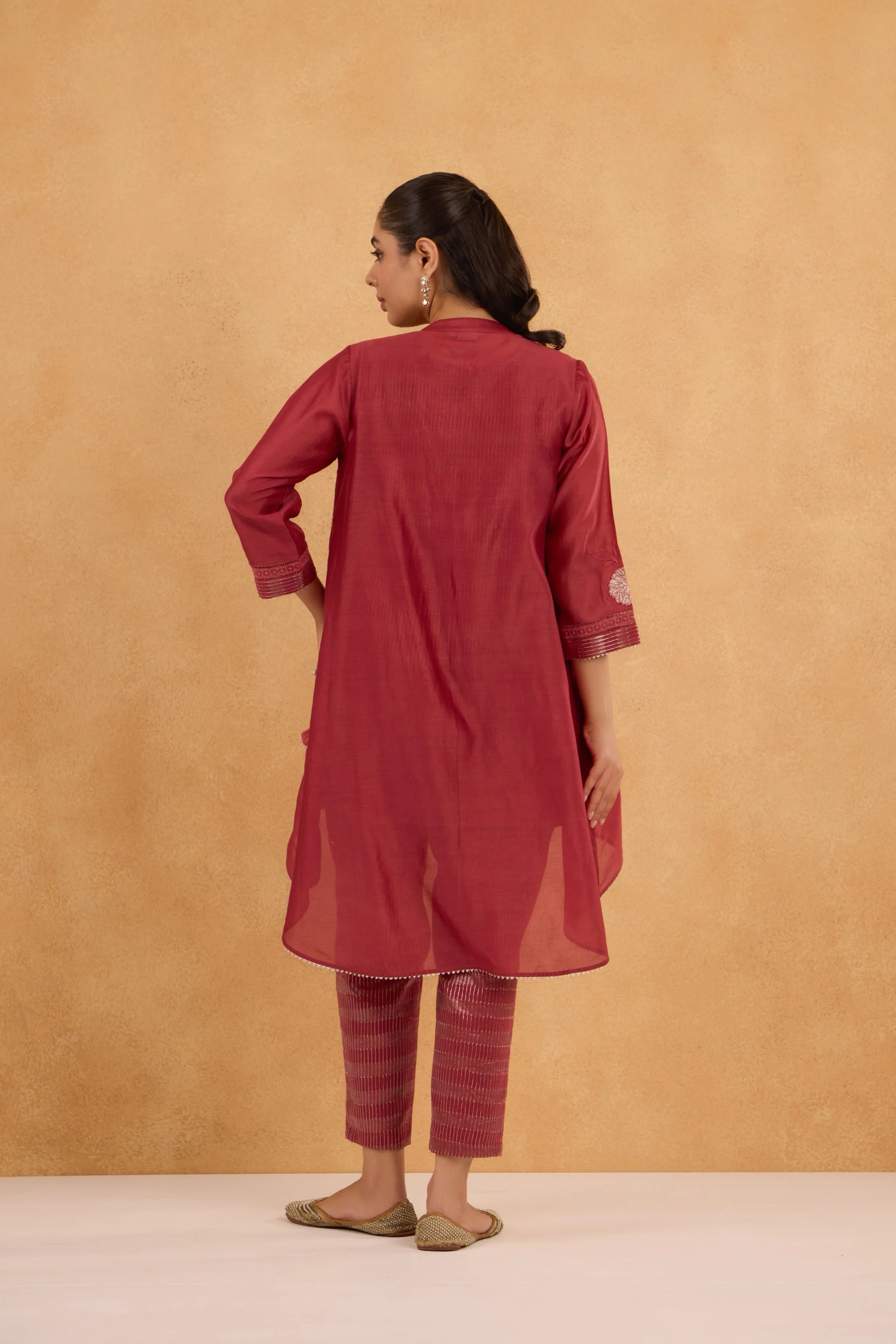 Brick Red High Low Embroidered Jacket Set