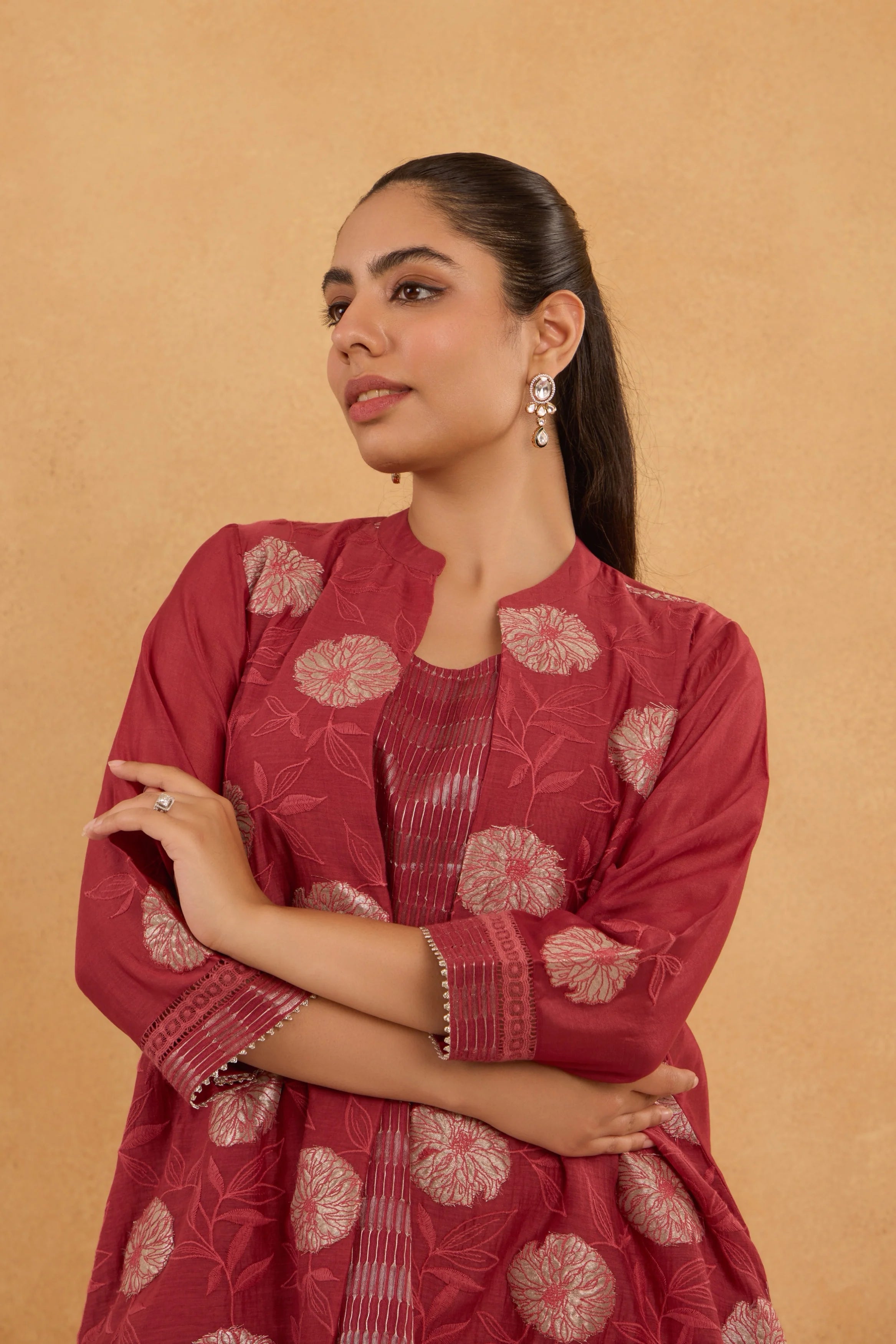 Brick Red High Low Embroidered Jacket Set