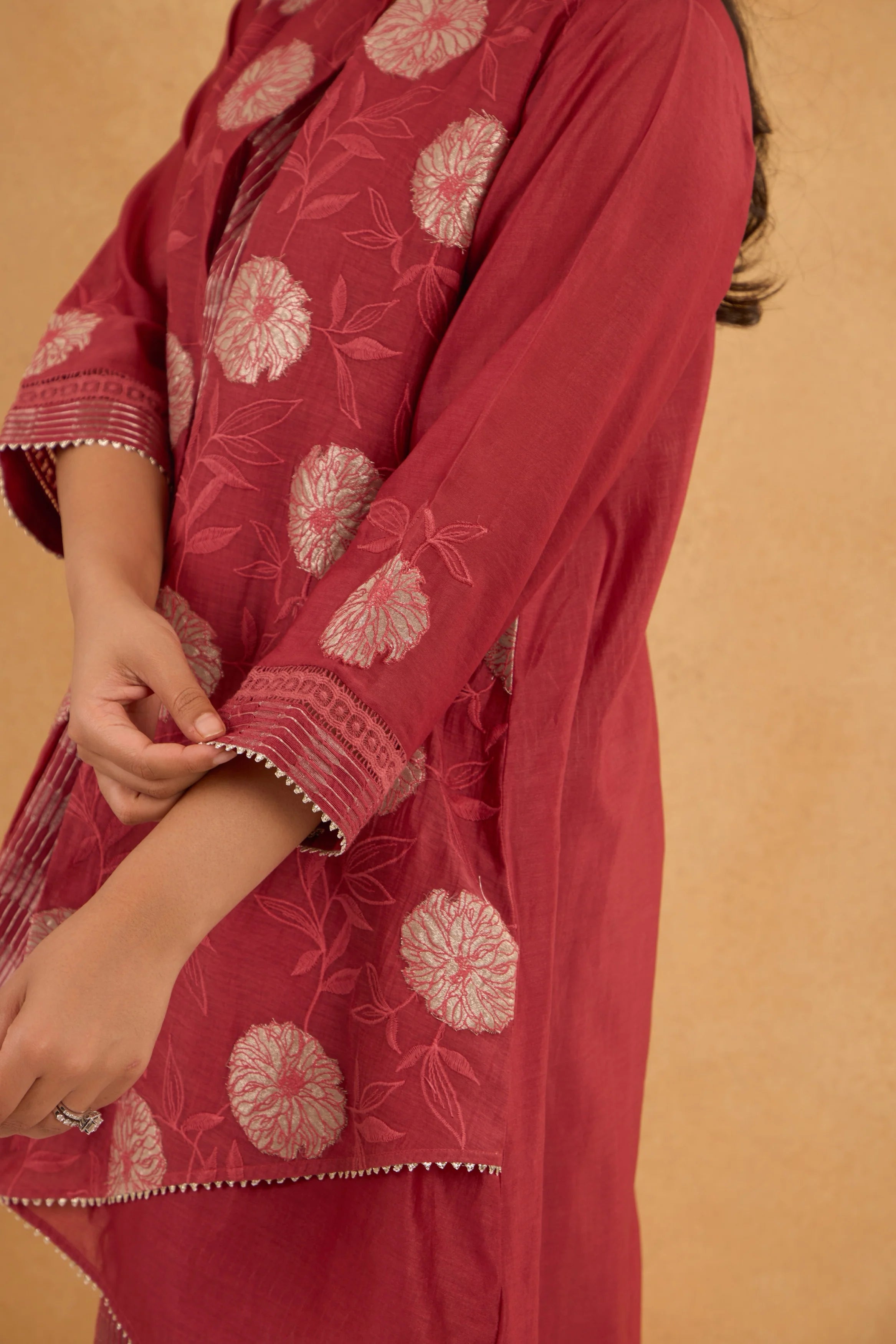 Brick Red High Low Embroidered Jacket Set