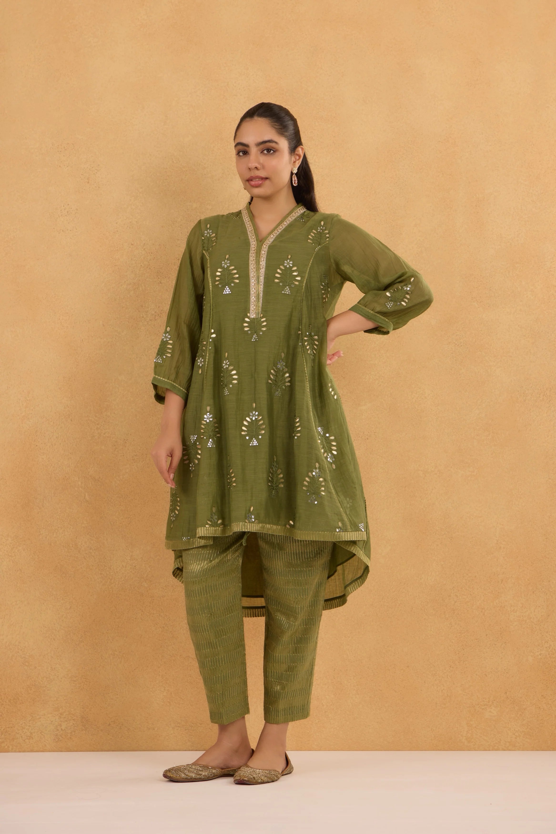 Mul Chanderi High-Low Kurta with Gota Floral Embroidery and Tissue Pants in Forest Green