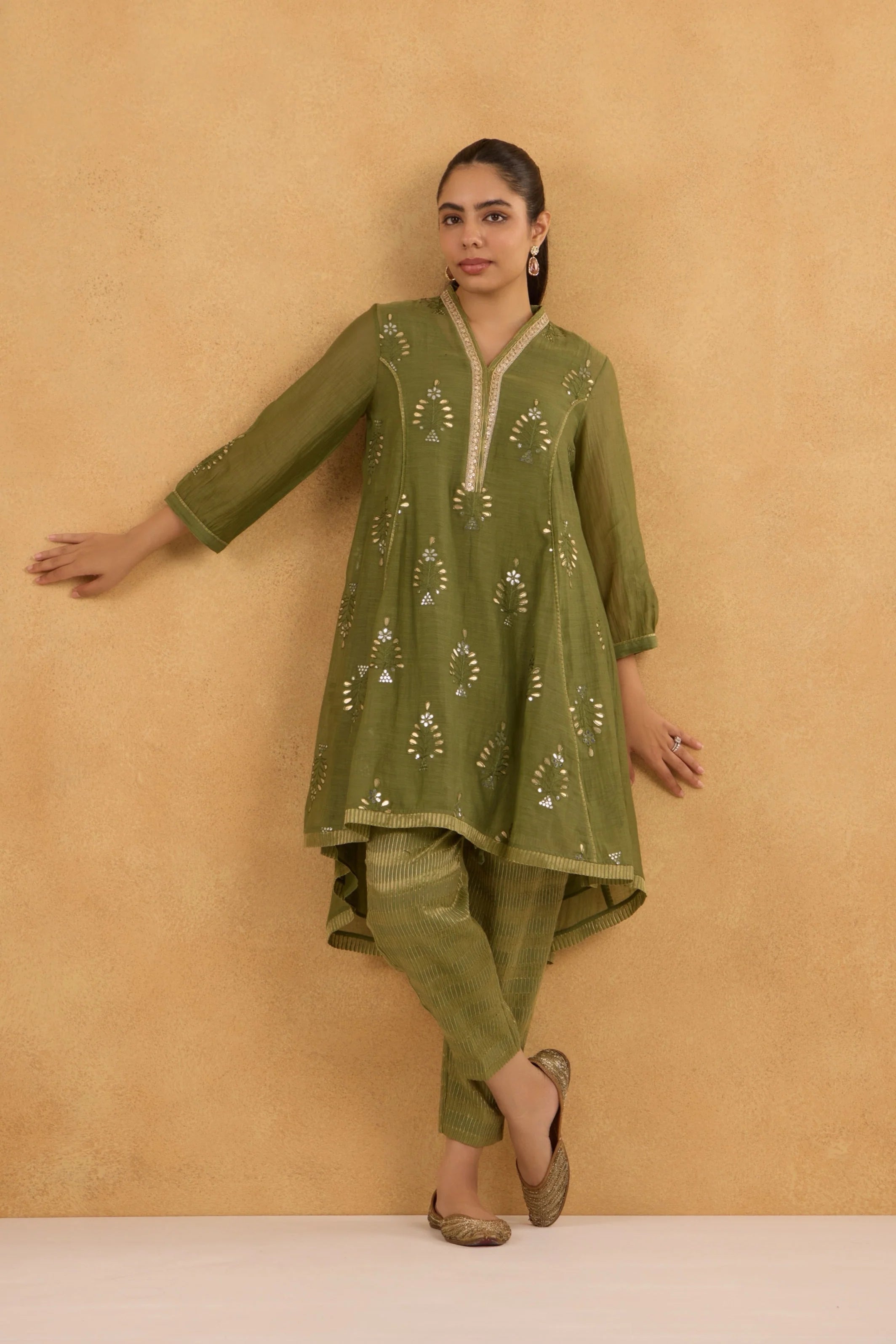 Mul Chanderi High-Low Kurta with Gota Floral Embroidery and Tissue Pants in Forest Green