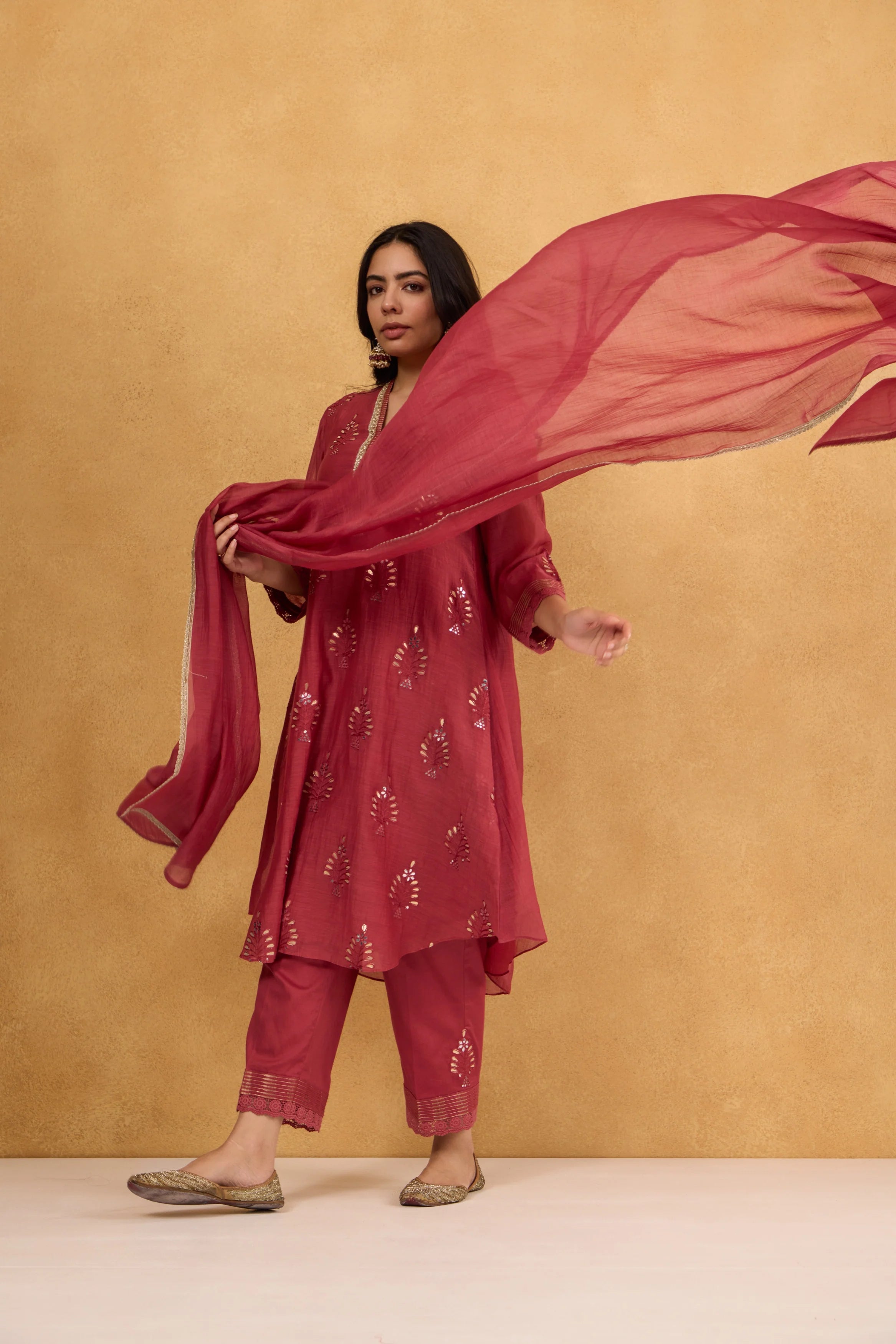 Brick Red Gota Embroidered Chanderi Kurta Set