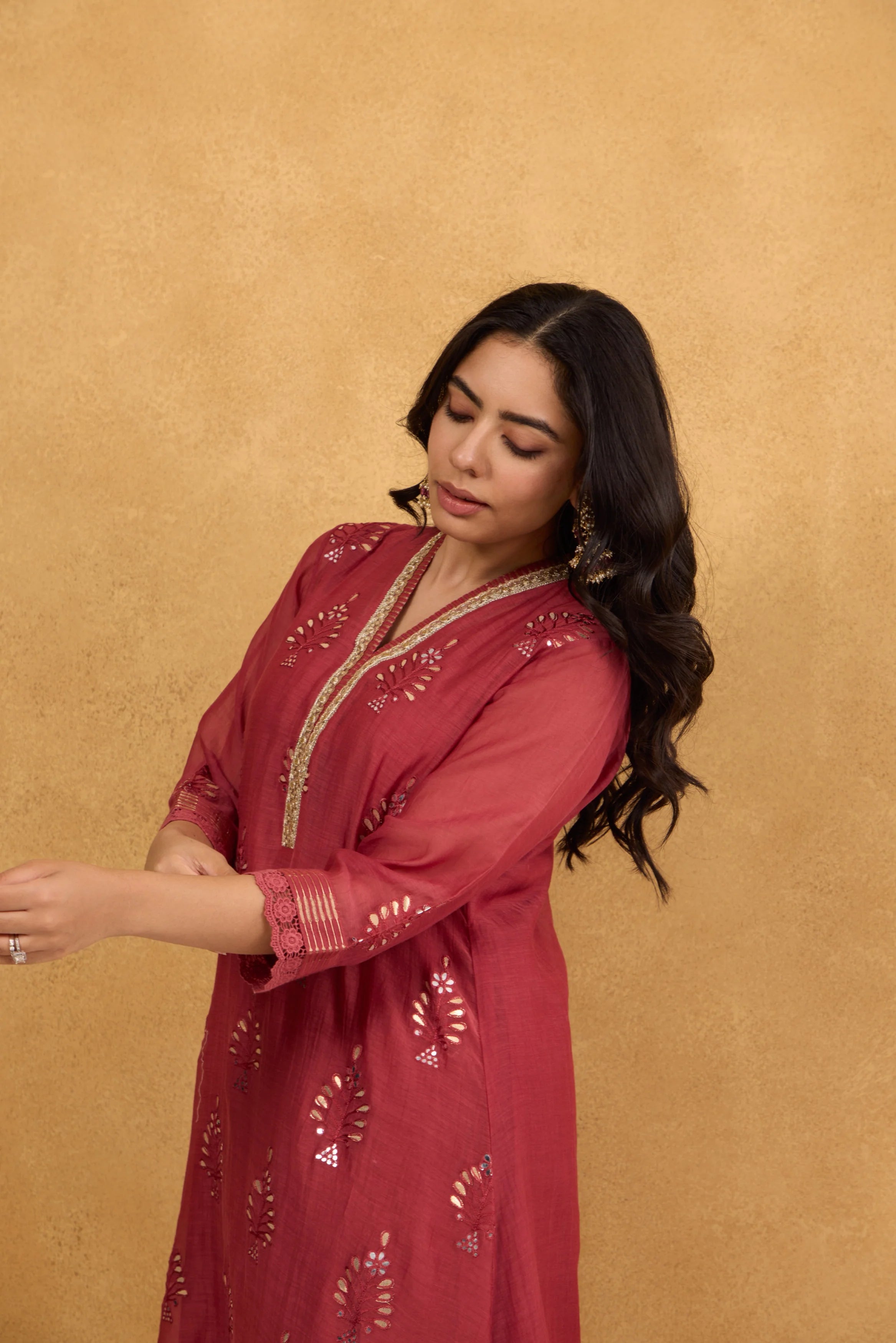 Brick Red Gota Embroidered Chanderi Kurta Set