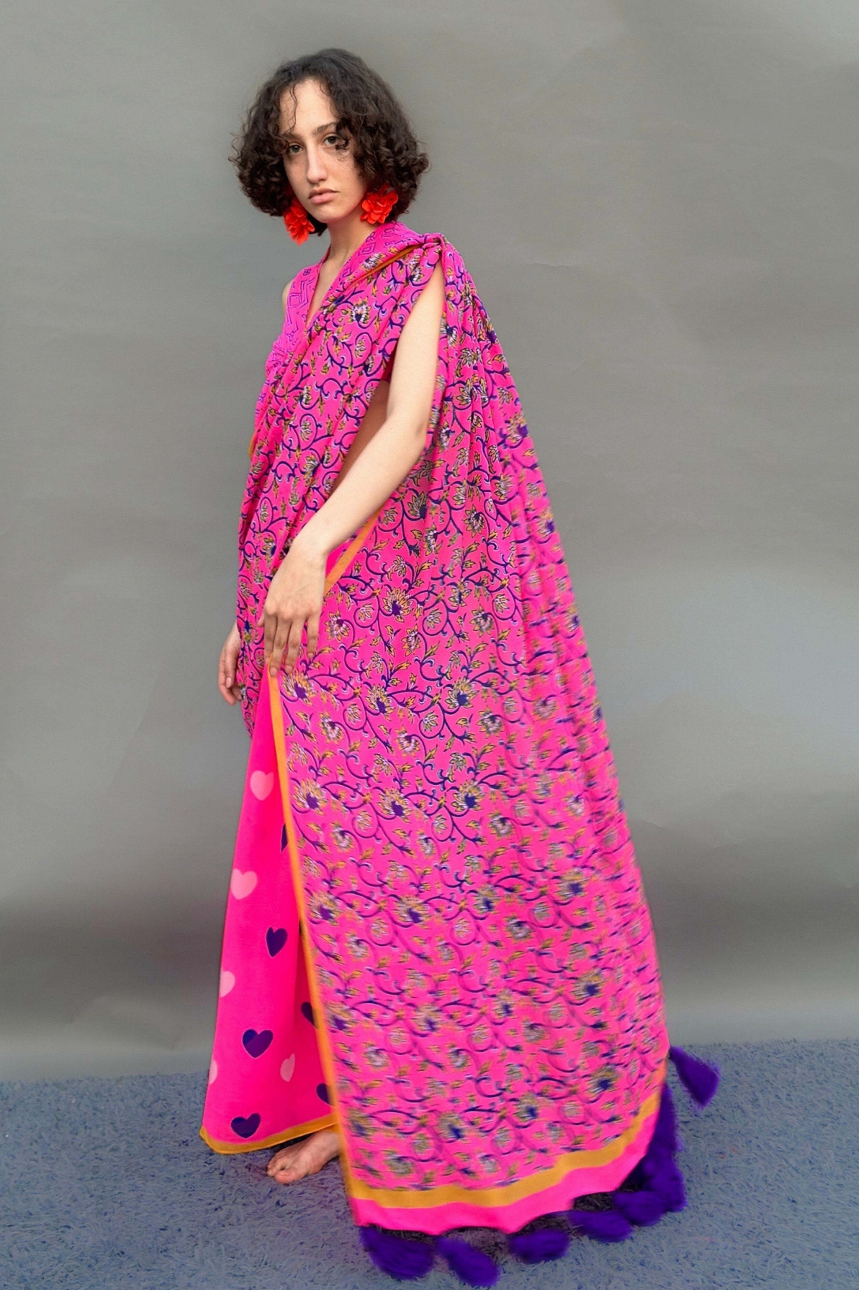 Hearts & Floral Block Printed Saree