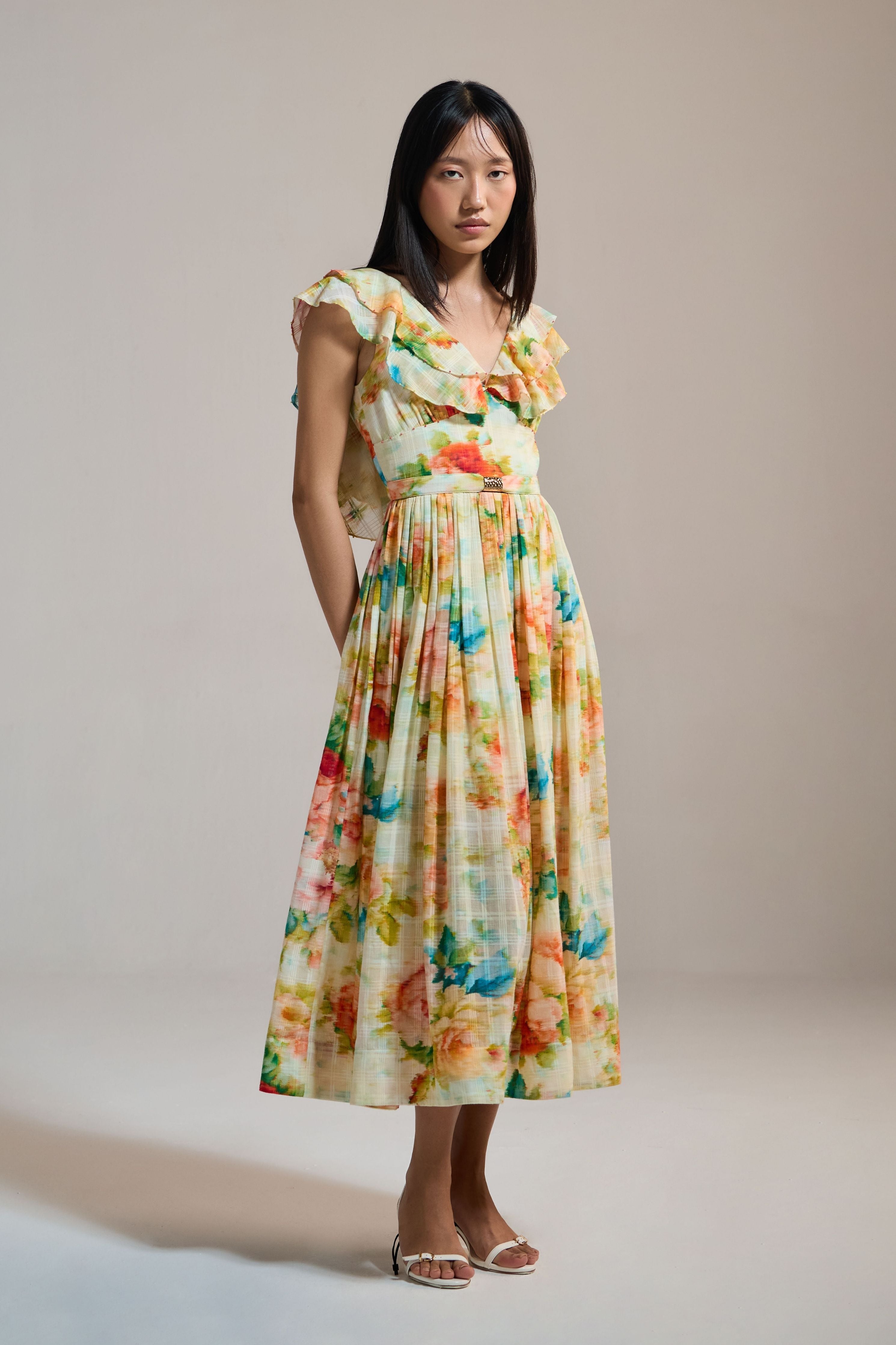 Floral Ruffle-Sleeve Midi Dress