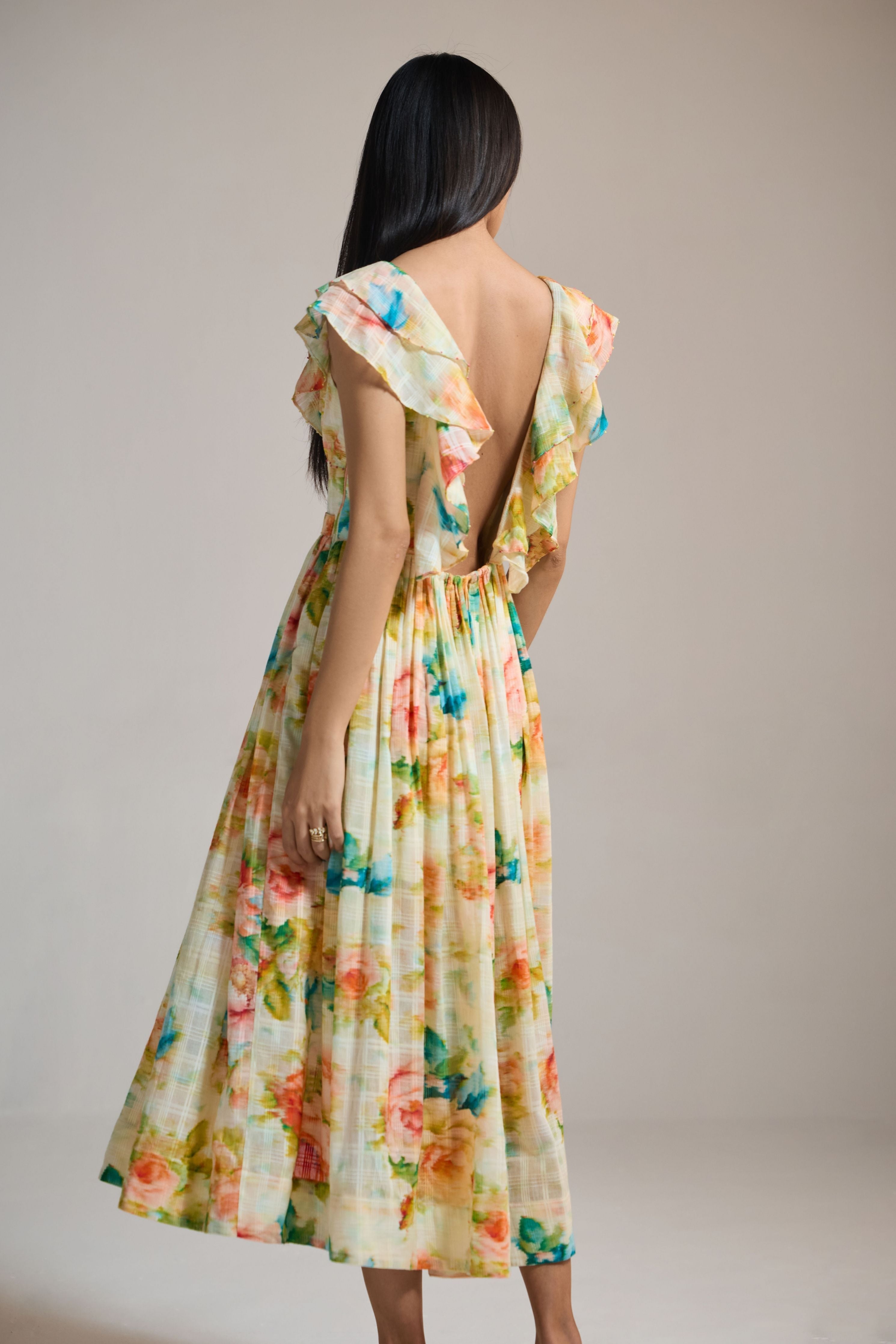 Floral Ruffle-Sleeve Midi Dress