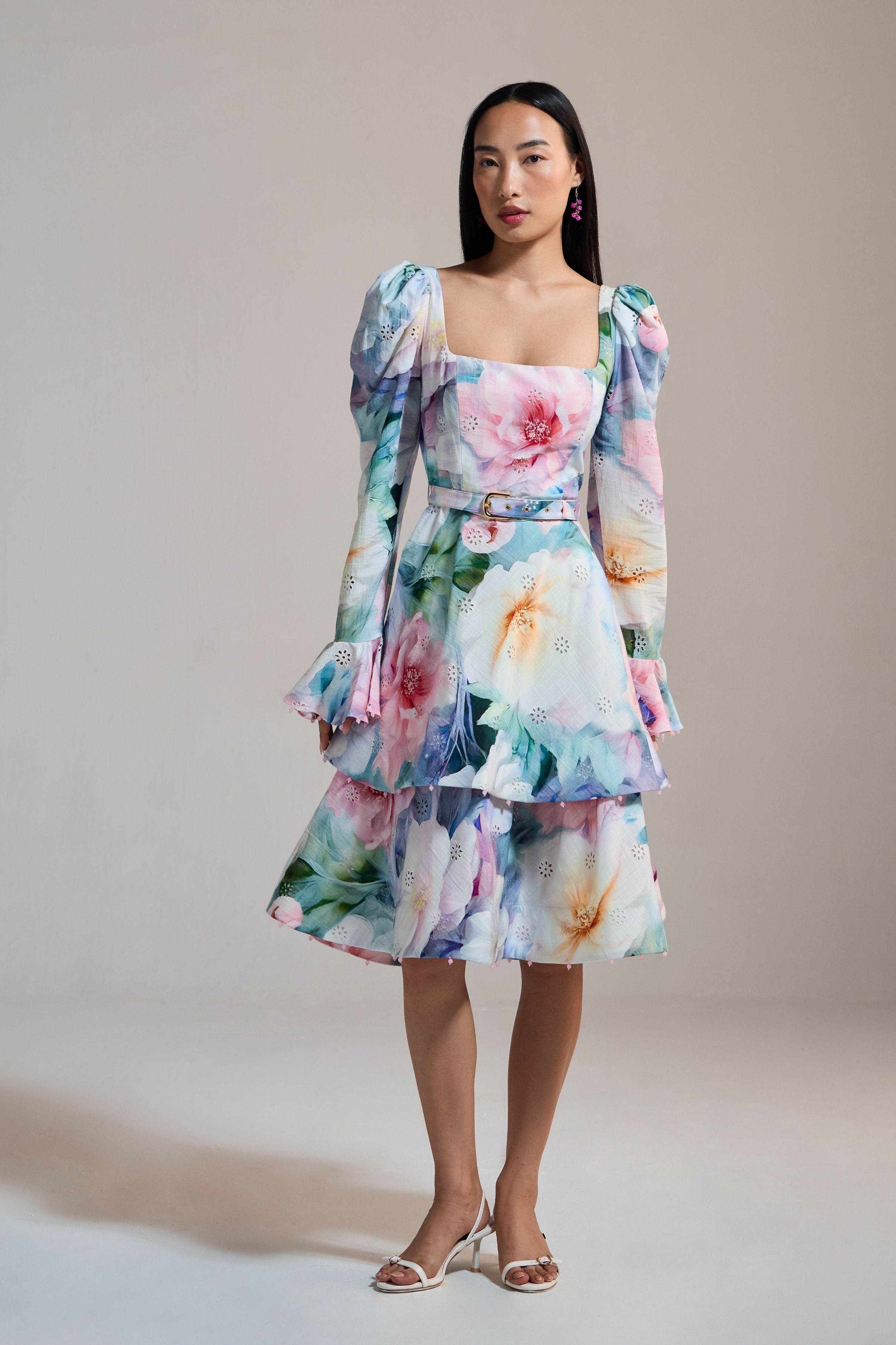 Pastel Bloom Tiered Midi Dress