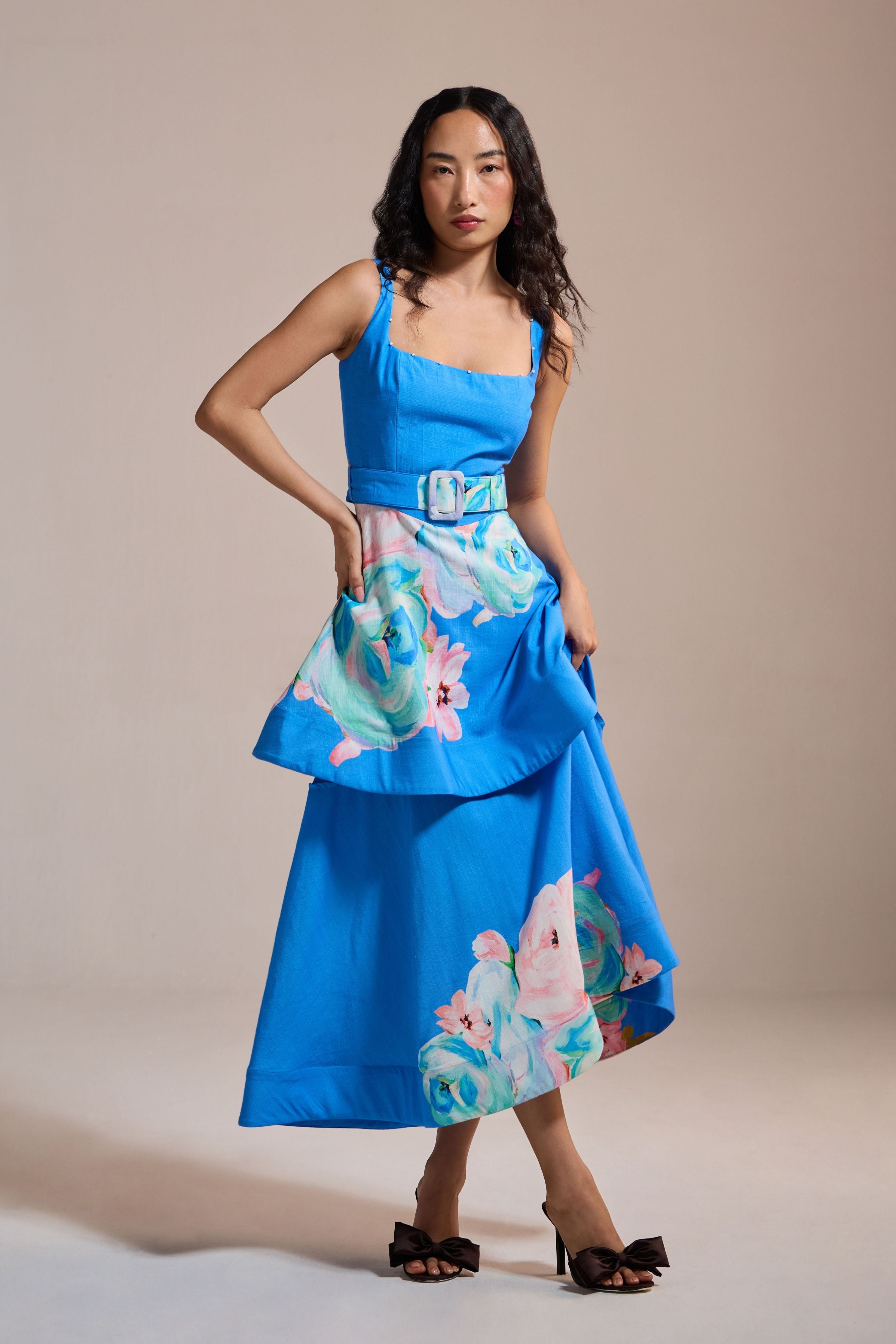 Blue Floral Belted Asymmetrical Dress